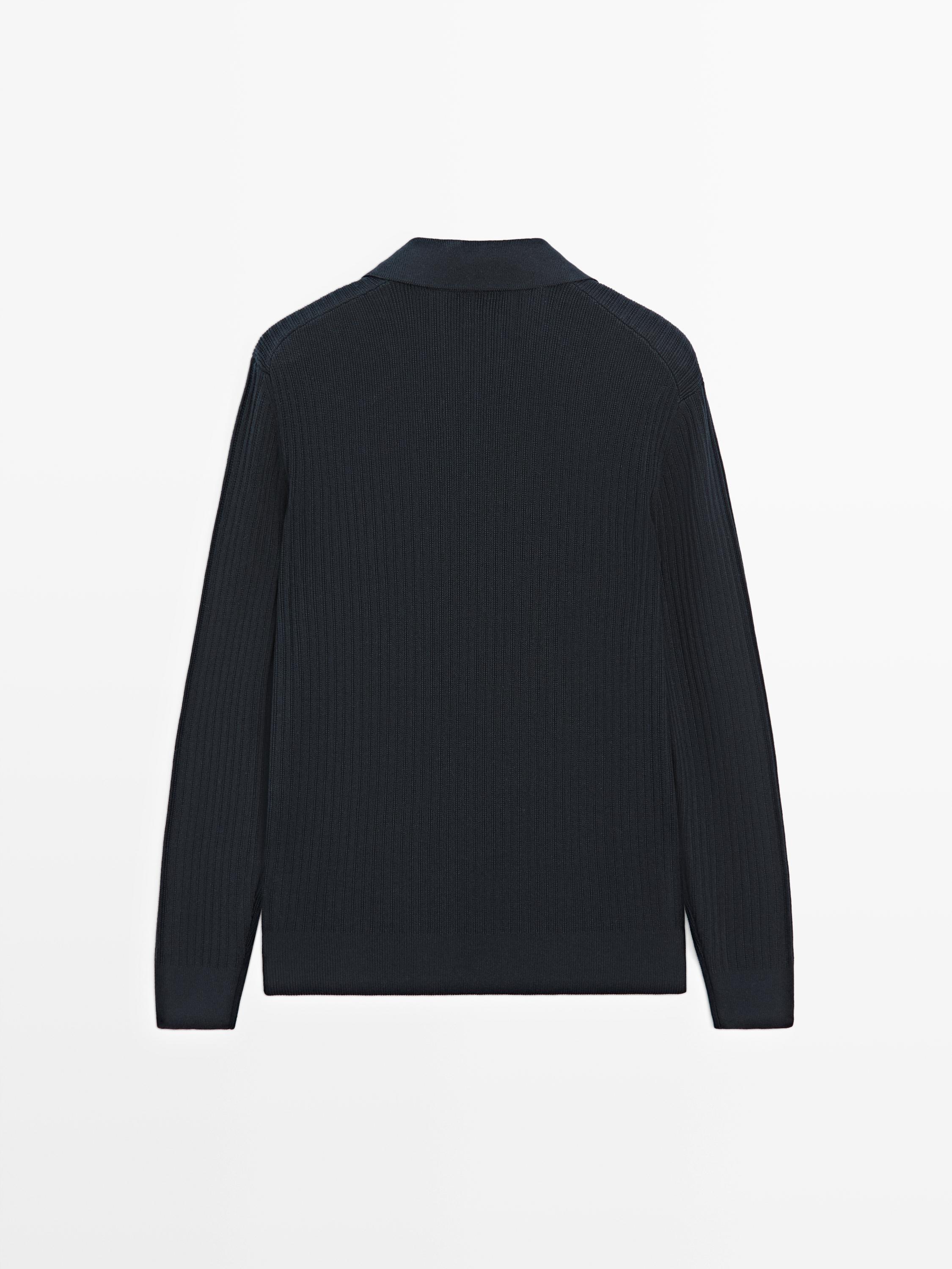 Cotton blend knit polo sweater — NAVY BLUE