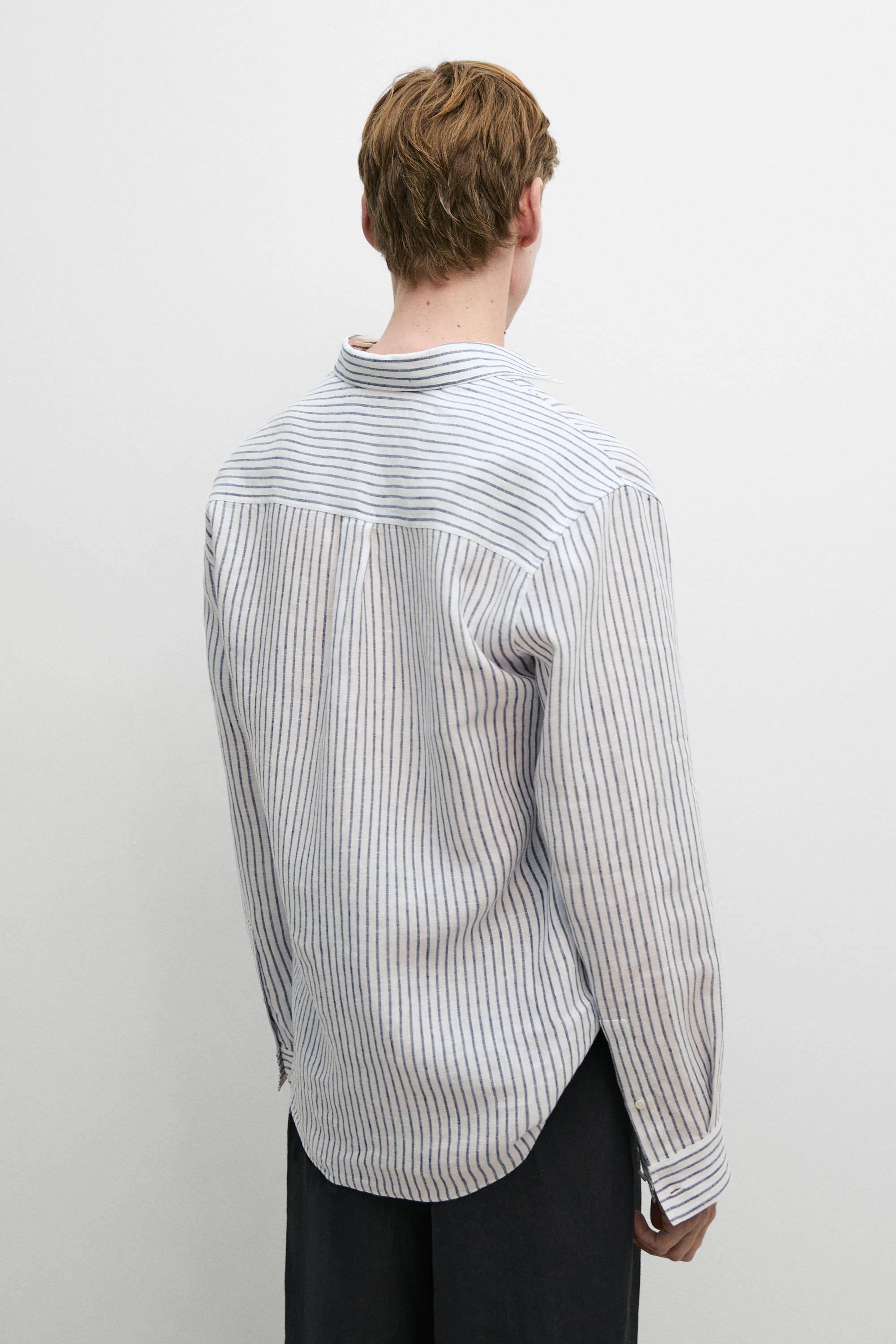 Regular fit 100% linen striped shirt — NAVY BLUE