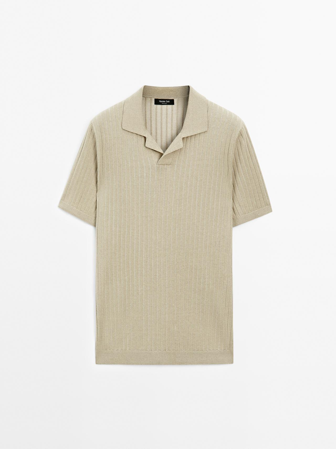 Massimo Dutti - Herre - Kortærmet Poloshirt I Ribstrik - Beige - L