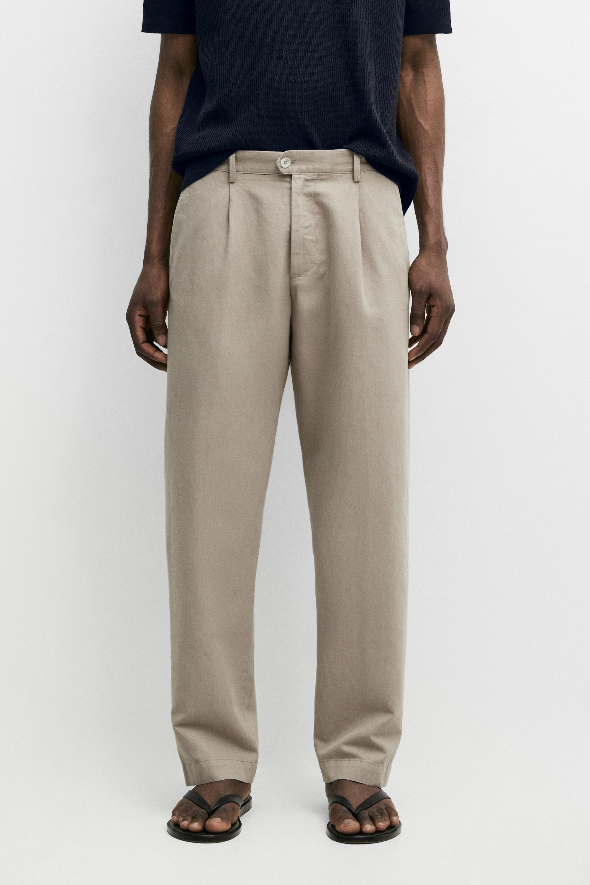 Straight-leg linen and cotton trousers with darts — BEIGE