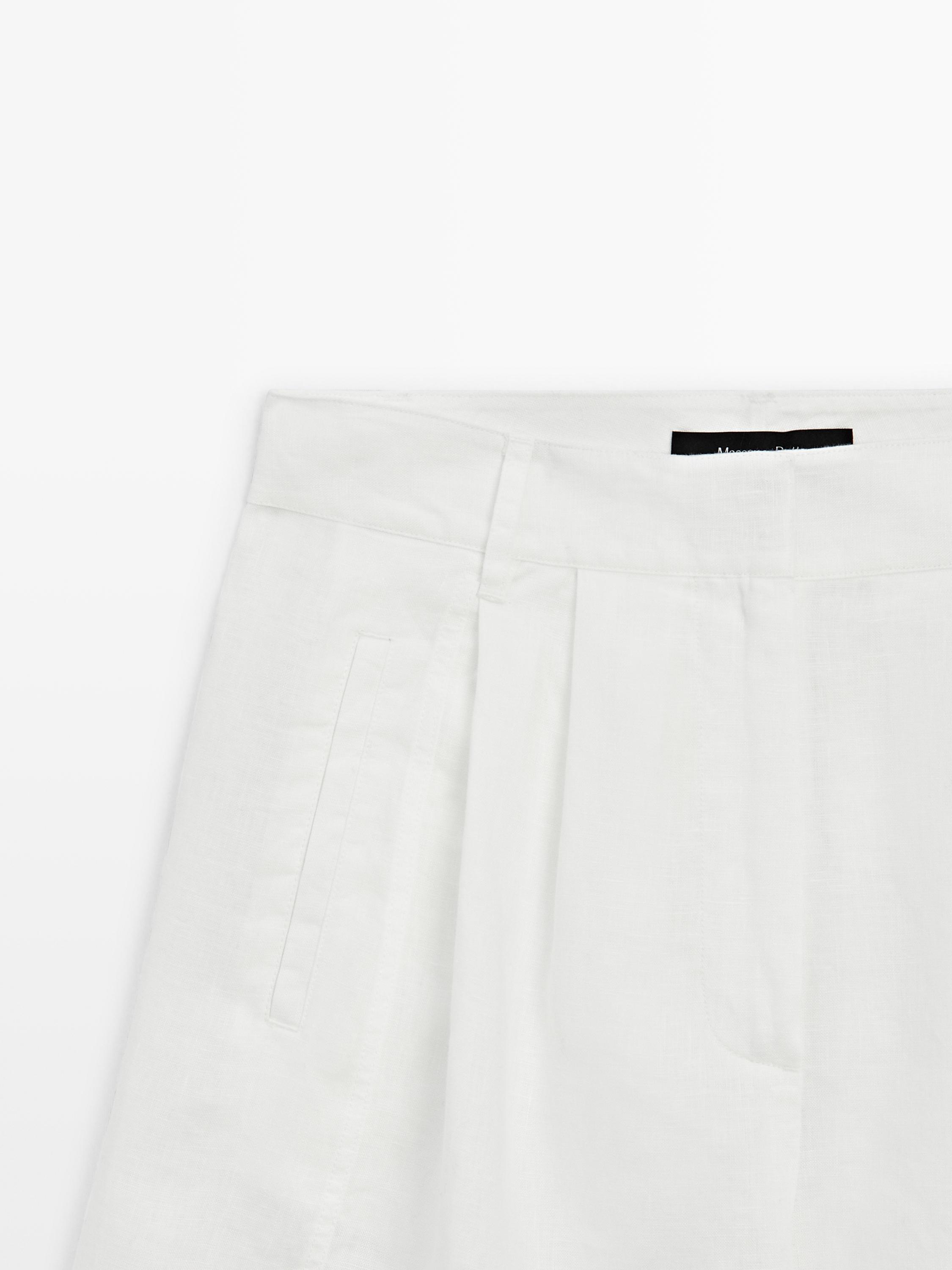 100% linen long Bermuda shorts with darts — WHITE