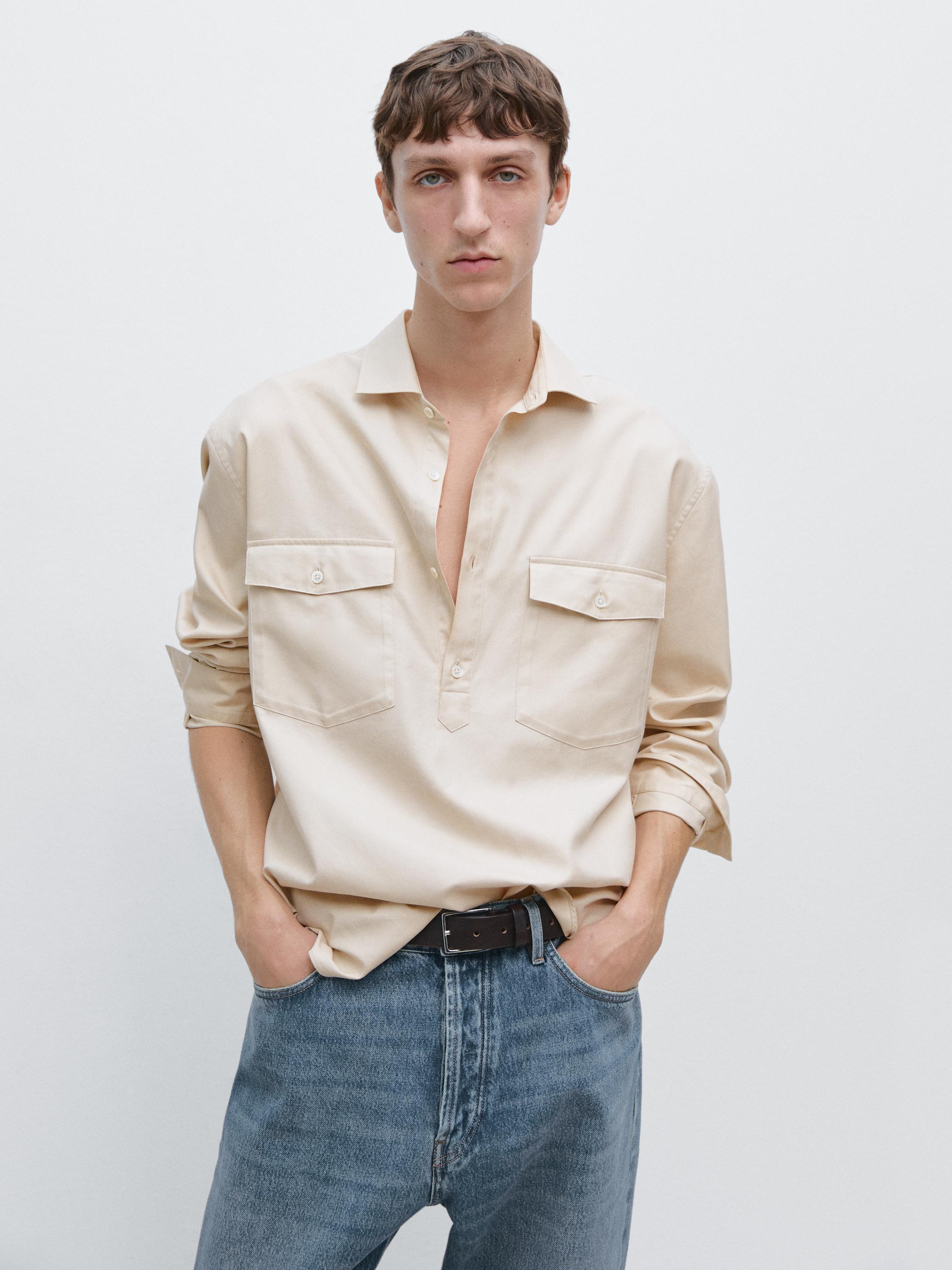 Cotton shirt with pockets — BEIGE