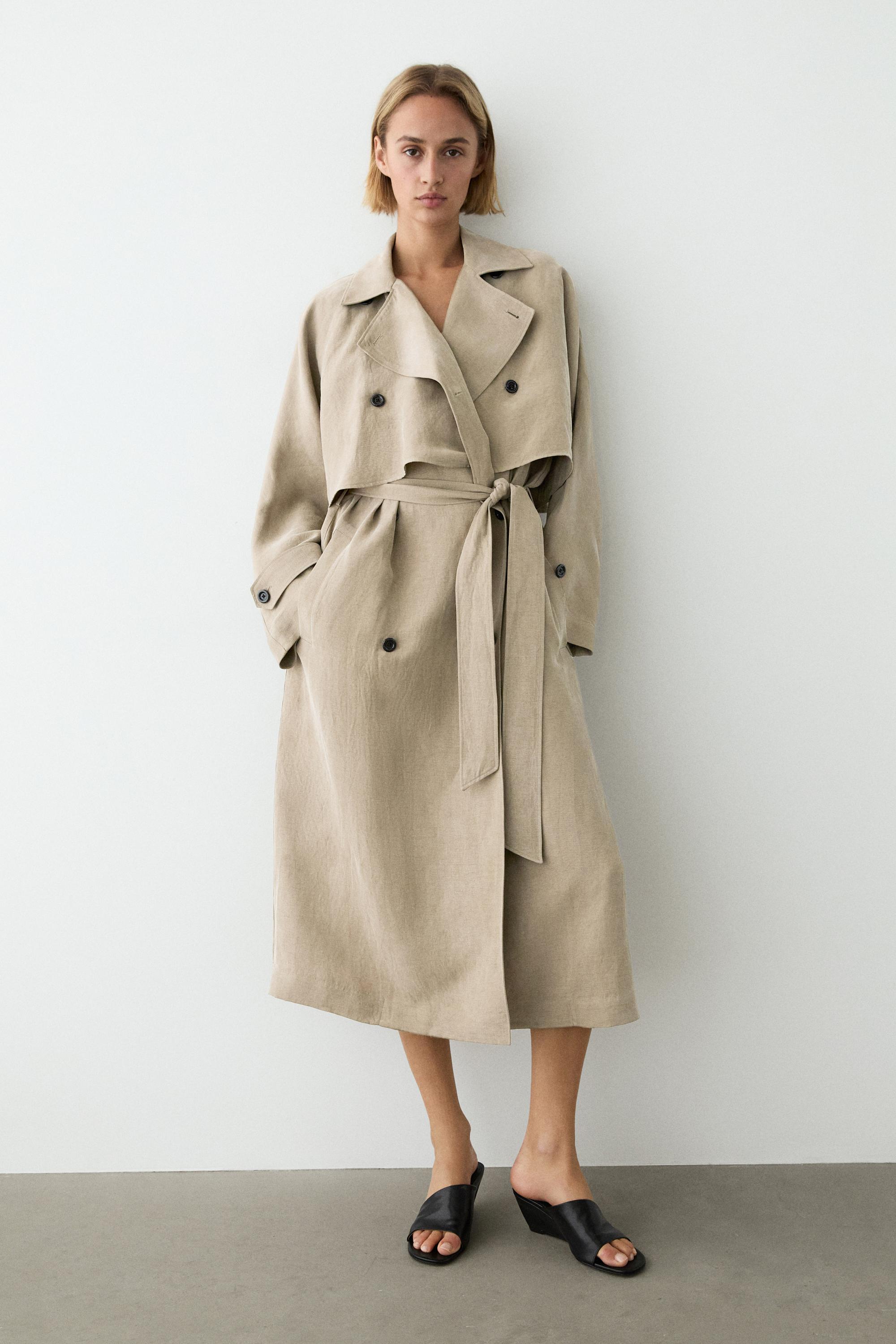 Linen blend trench coat with belt detail — SAND BROWN