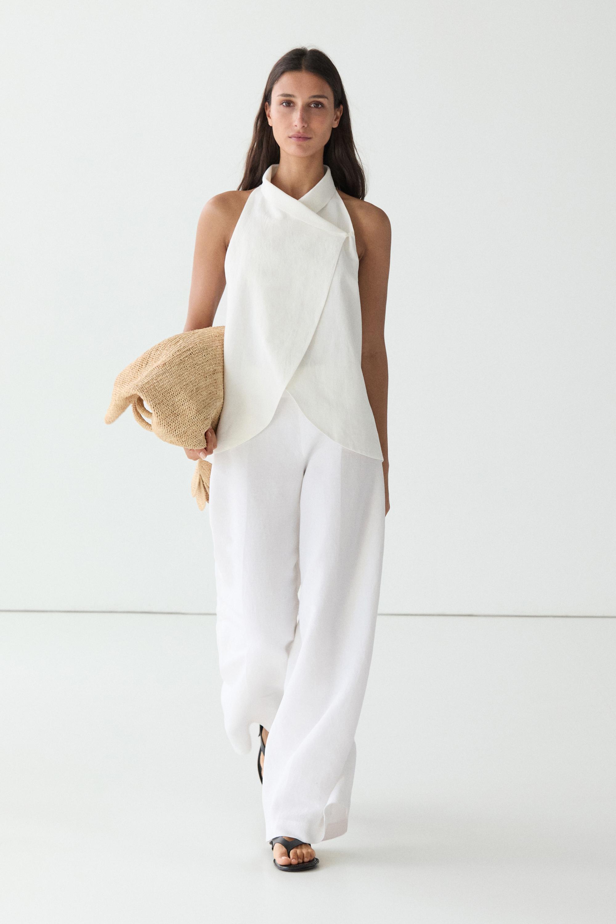 Total look flowing linen blend trousers — WHITE