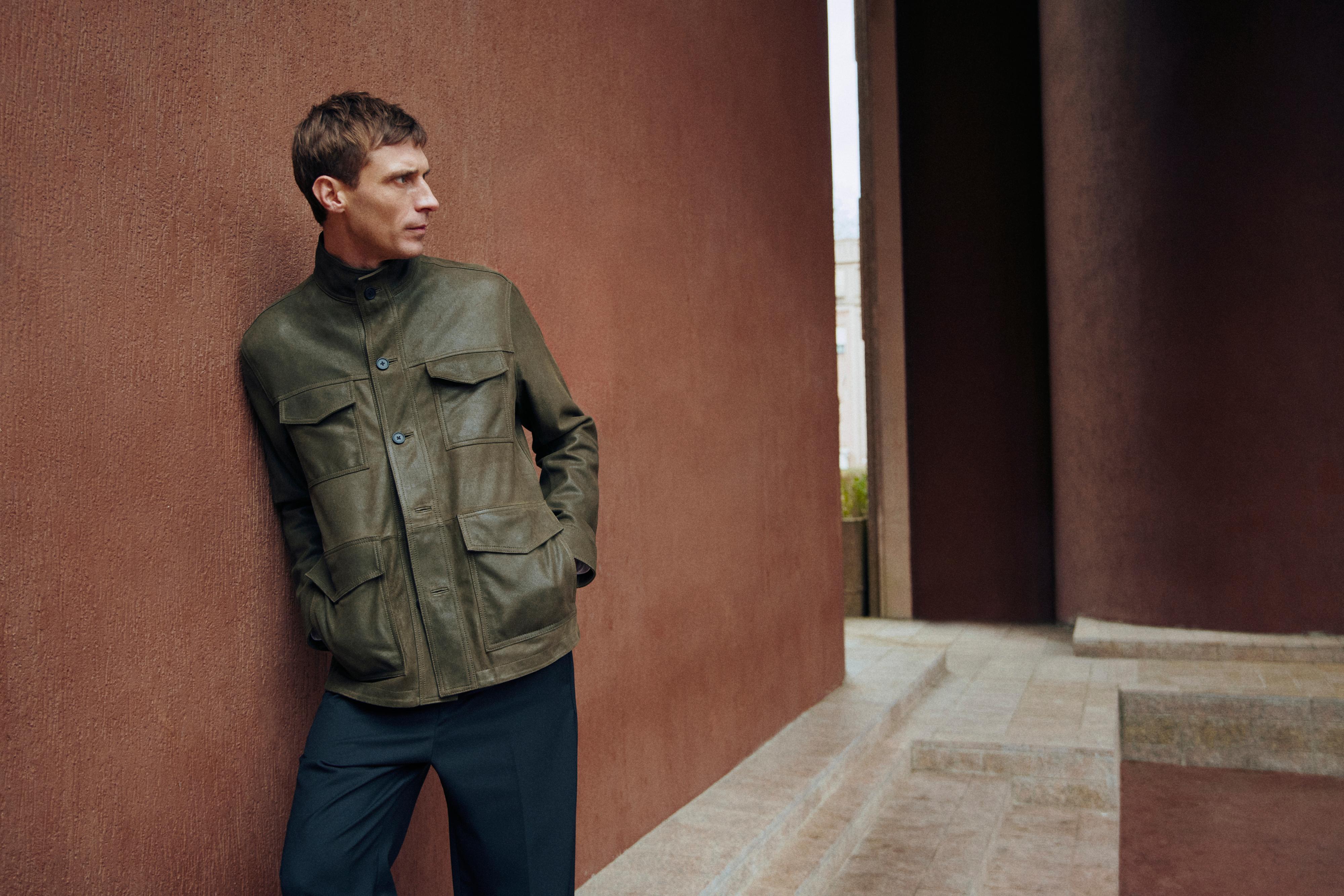 Distressed-effect goatskin leather jacket — KHAKI