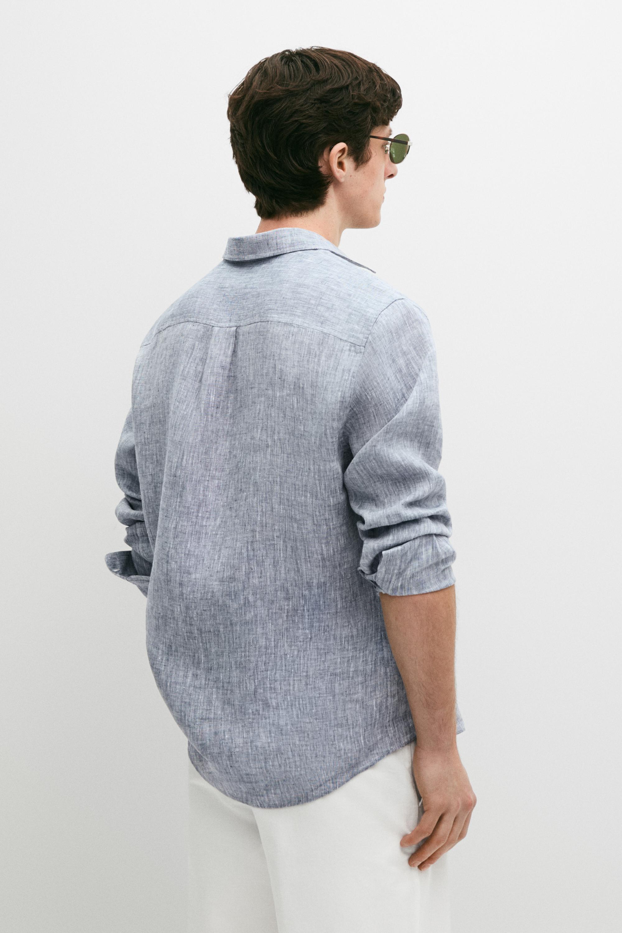 Regular fit linen shirt with pocket — BLUE
