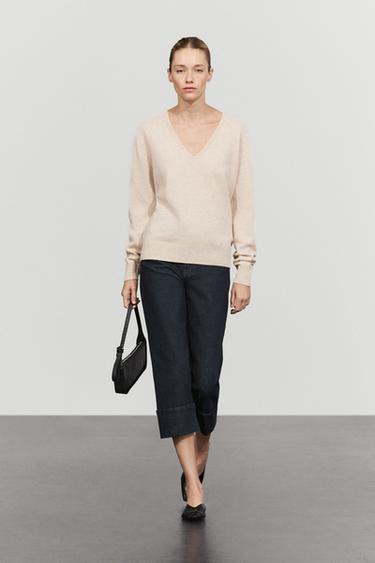 Wool blend V-neck knit sweater — BEIGE MARL 1