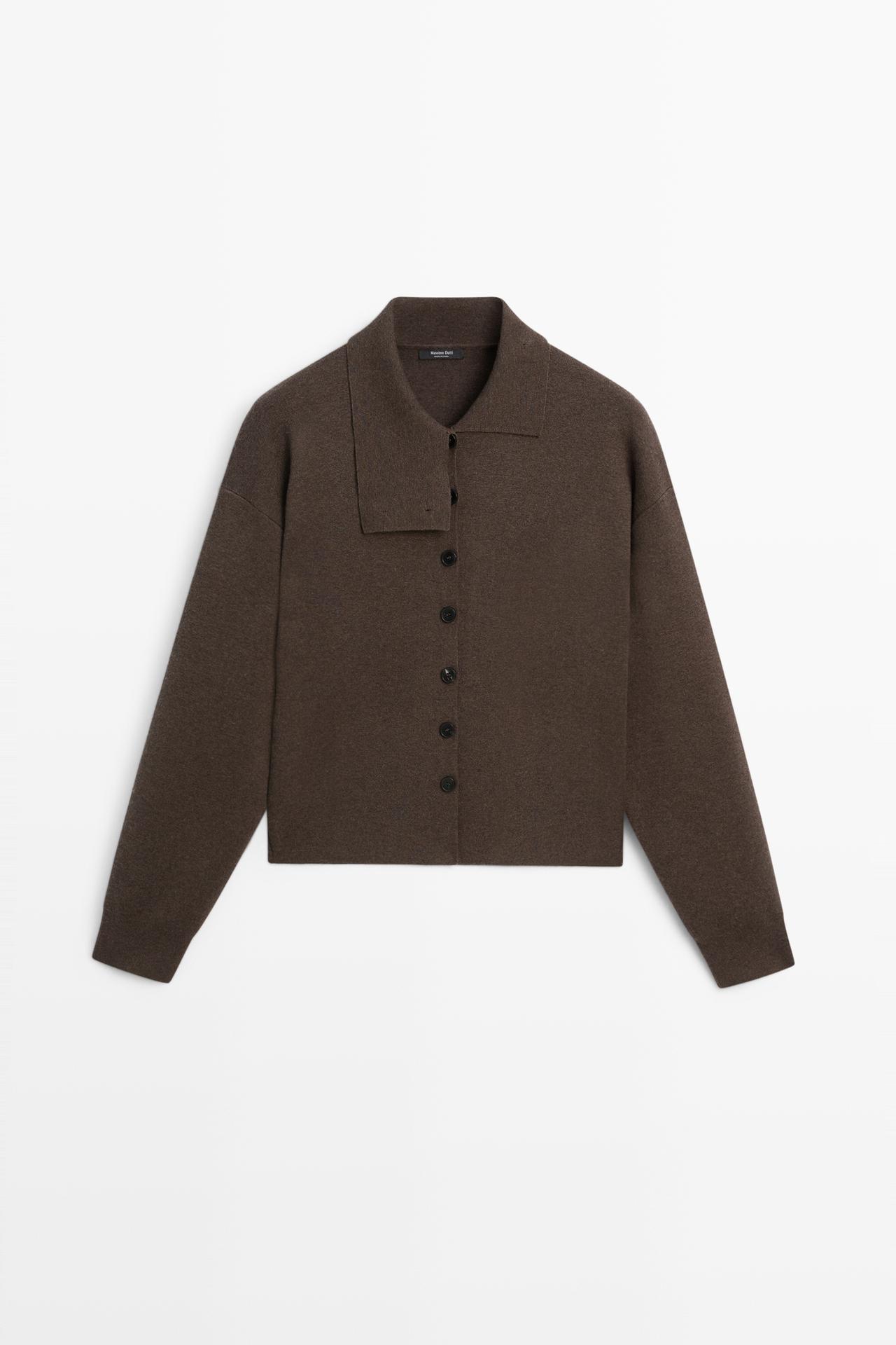 Knit cardigan with collar detail — CHOCOLATE BROWN