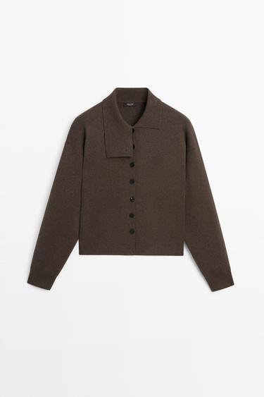 Knit cardigan with collar detail — CHOCOLATE BROWN 2