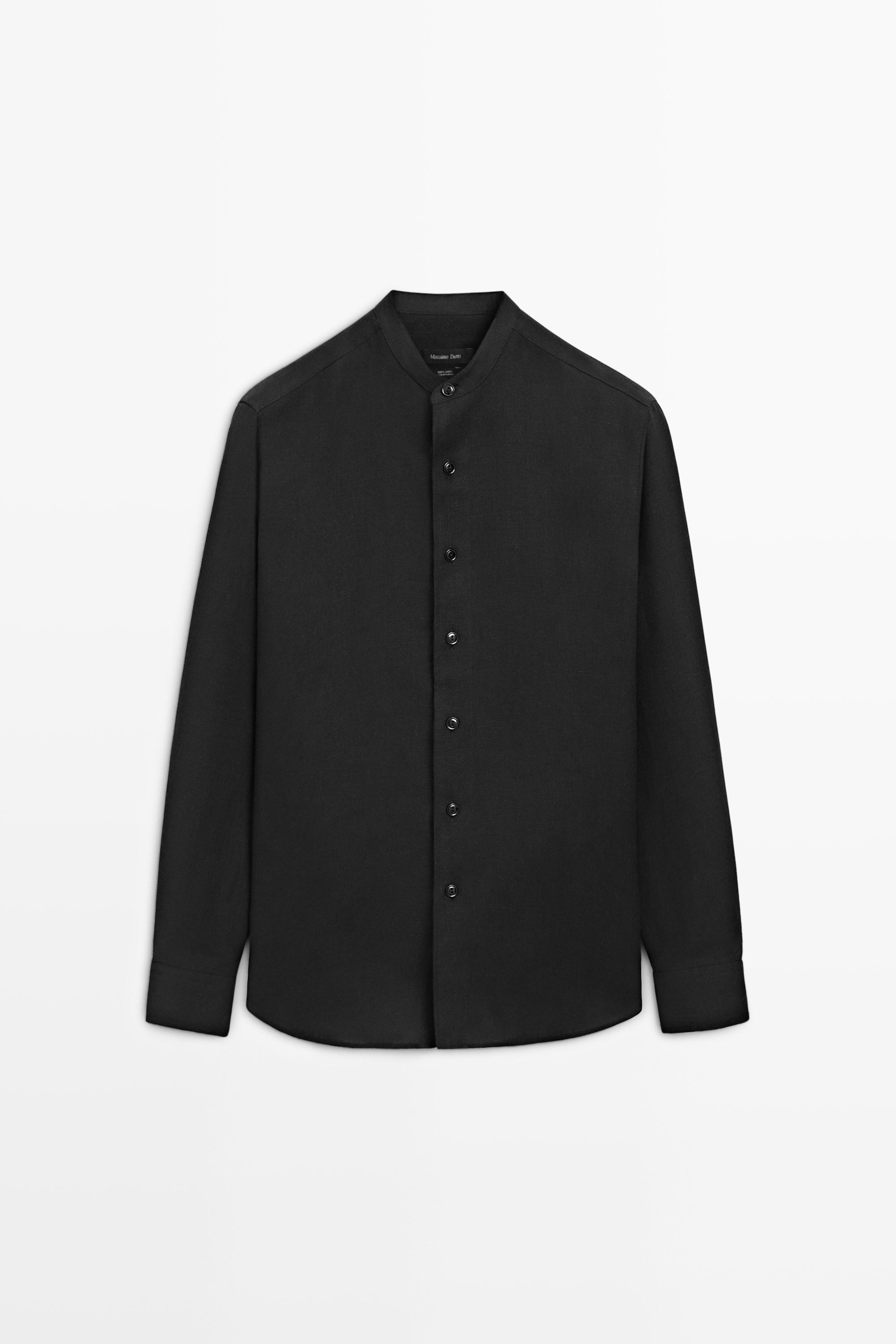 100% linen stand collar shirt — BLACK