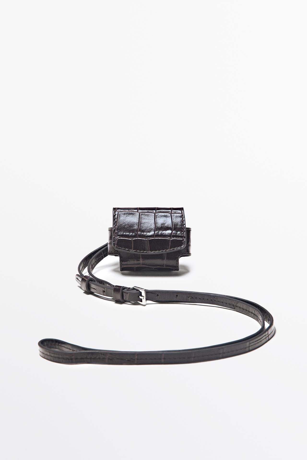 Crocodile-textured leather AirPods case — BROWN
