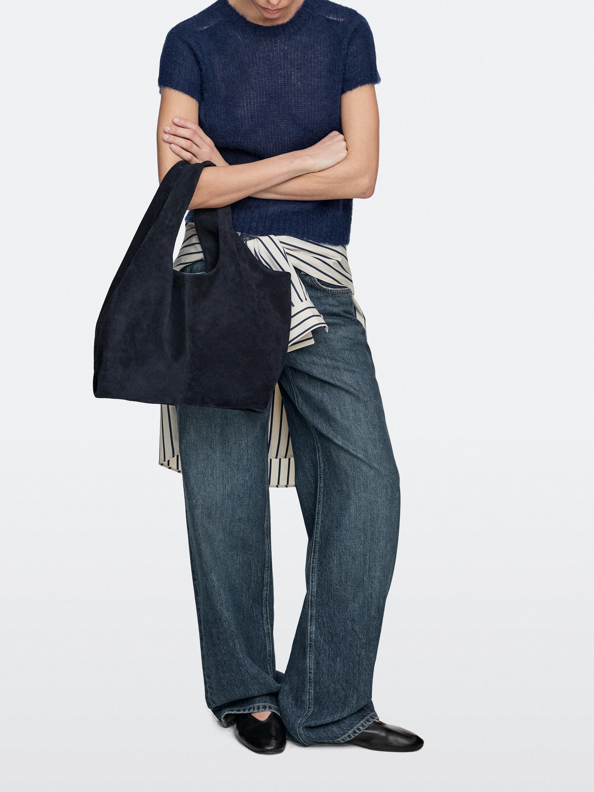 Sac Shopper Medium En Croûte De Cuir - Bleu Marine - 01 - Massimo Dutti - Femme