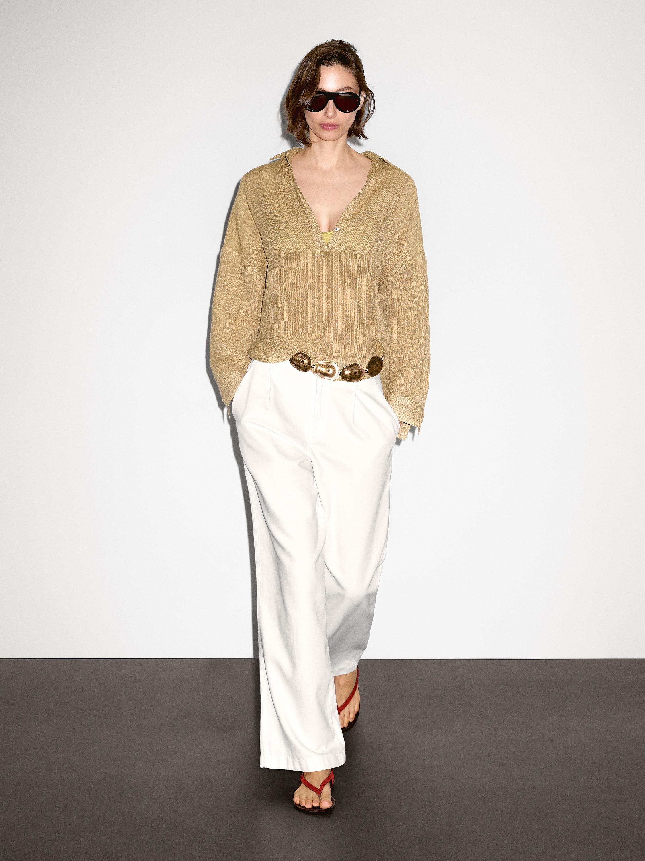 Linen blend open polo collar blouse