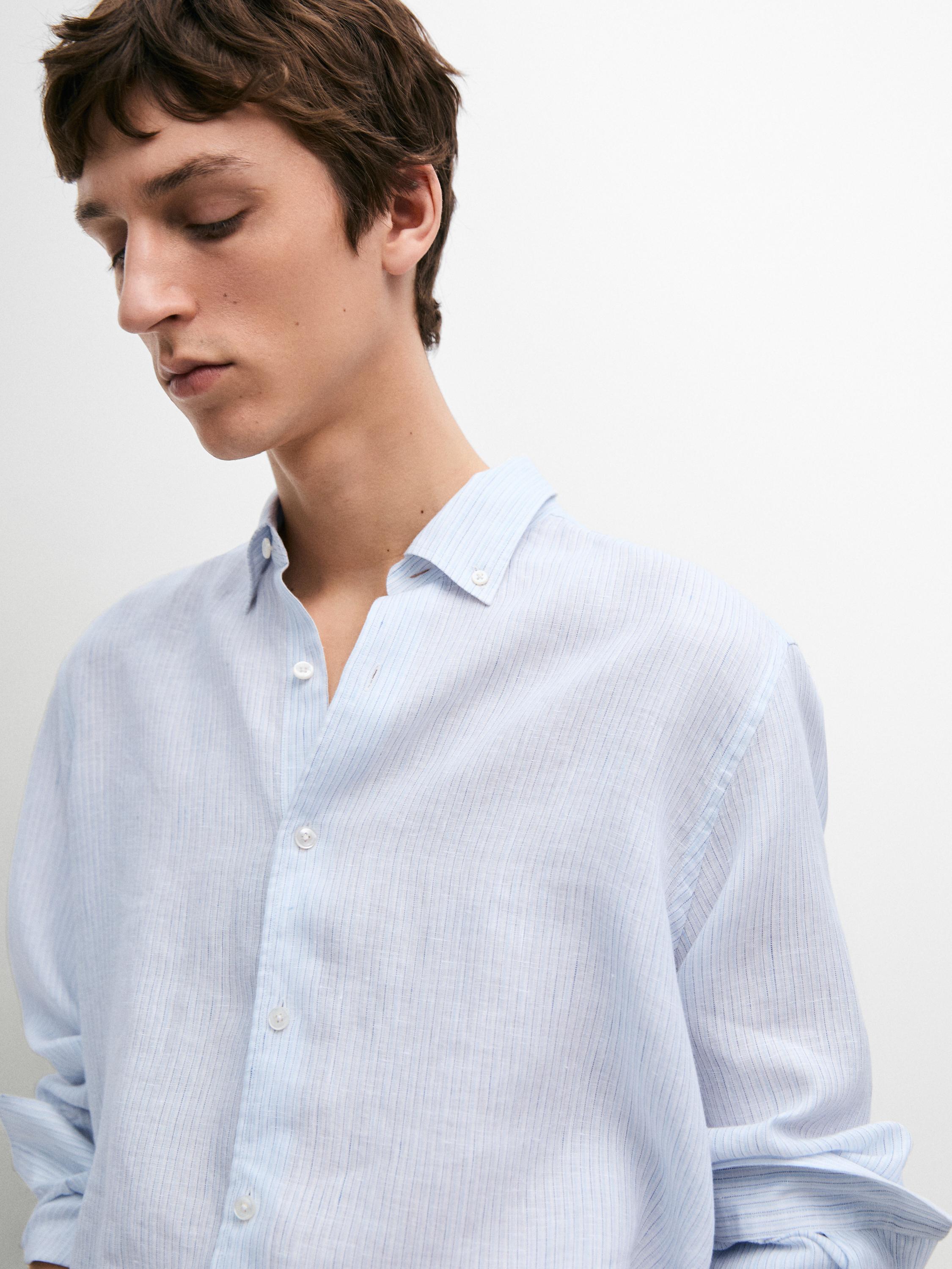 Regular fit 100% linen striped shirt — Sky blue