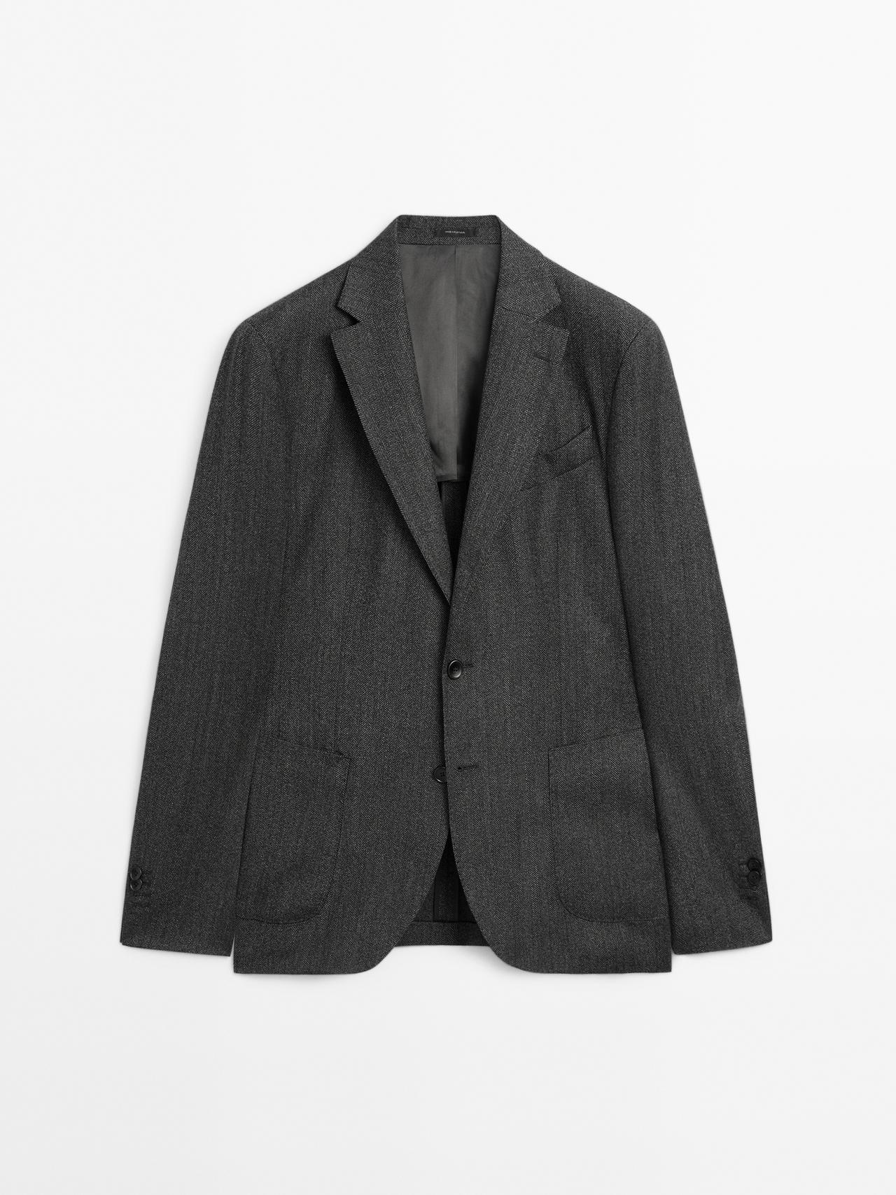 Massimo Dutti - Herre - Sildebensmønstret Blazer I Uldblanding - Grå - 50