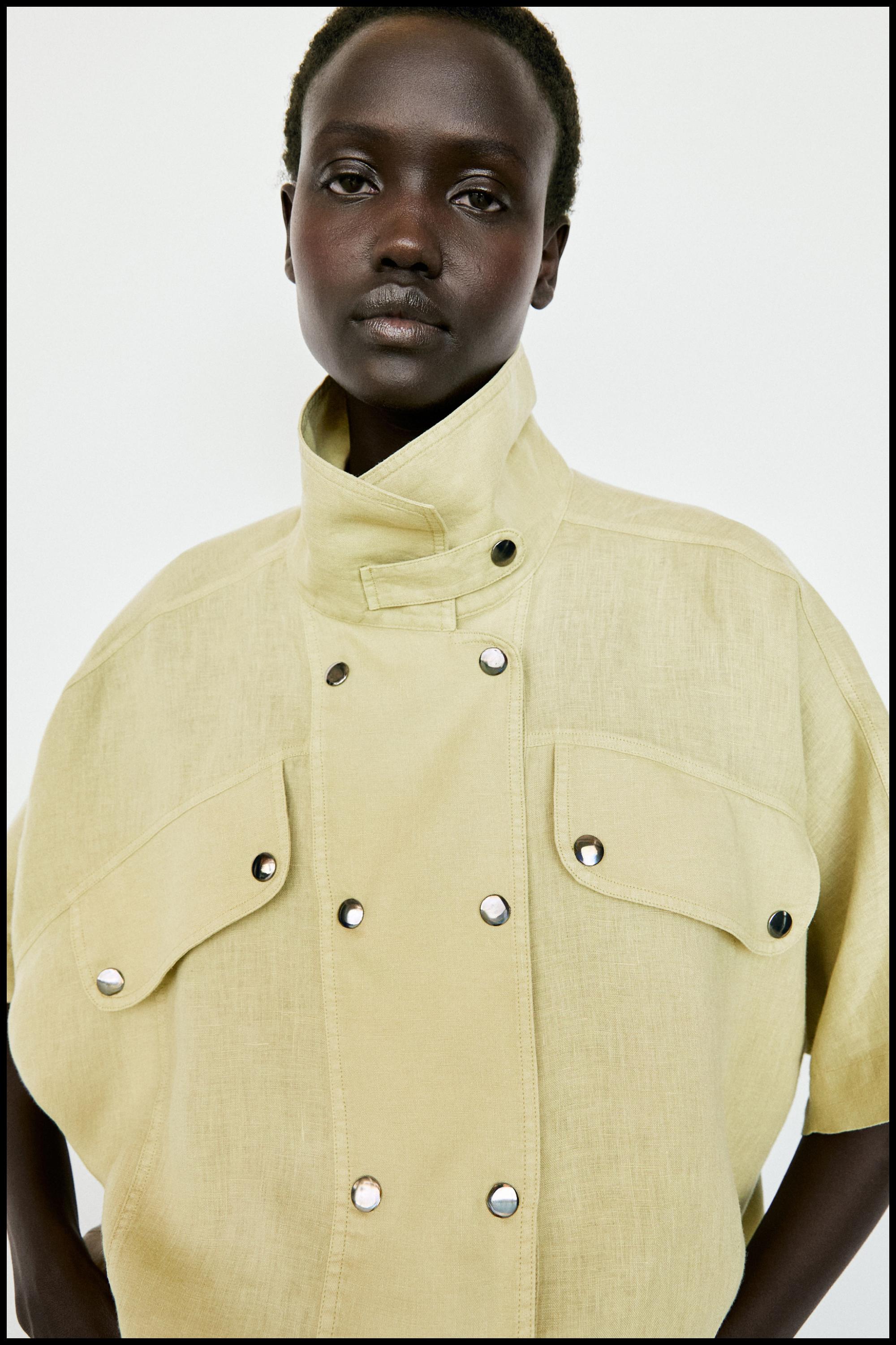 Short sleeve linen snap button shirt — LIME