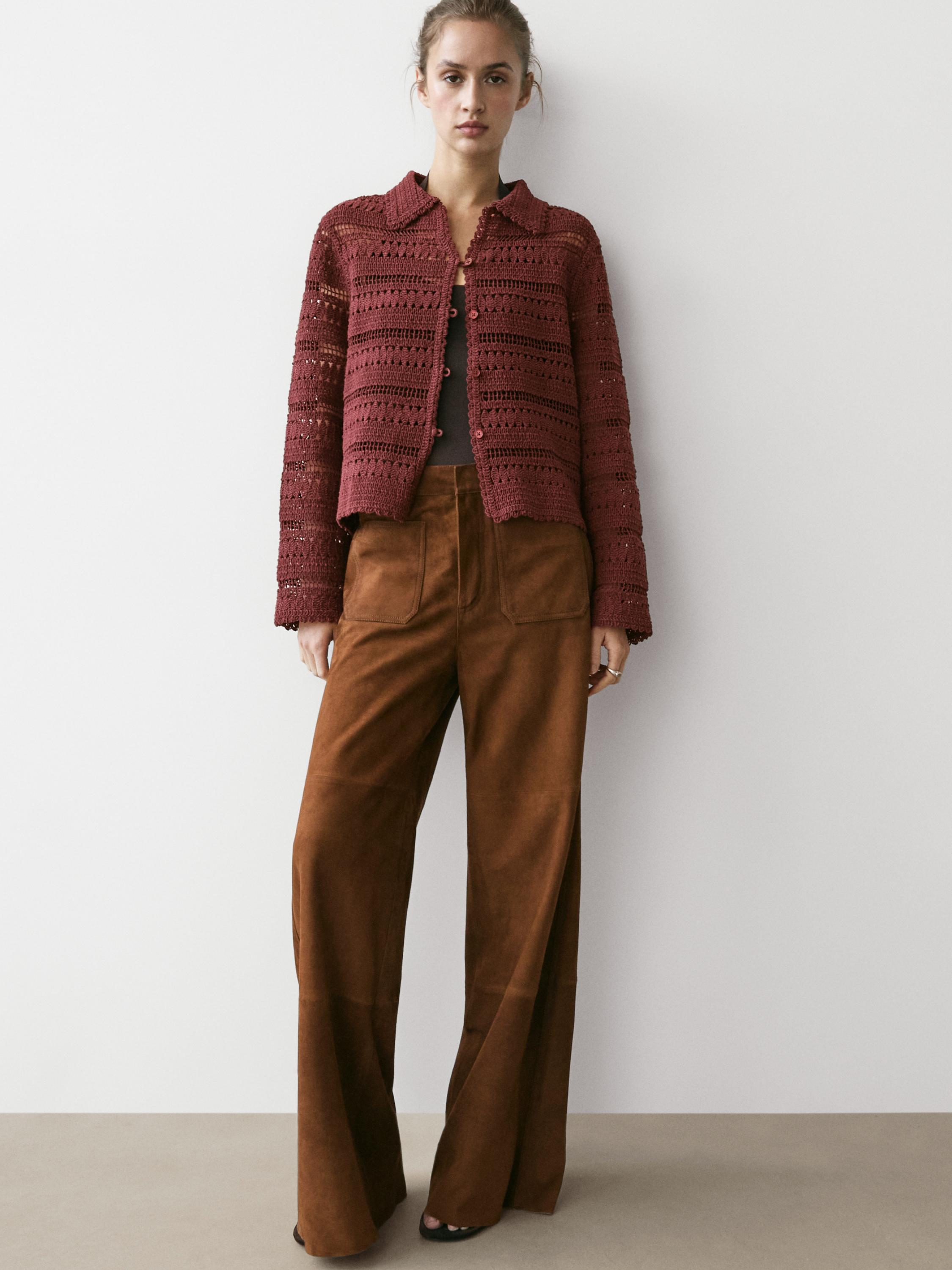 Cropped suede leather trousers with drawstrings — BROWN