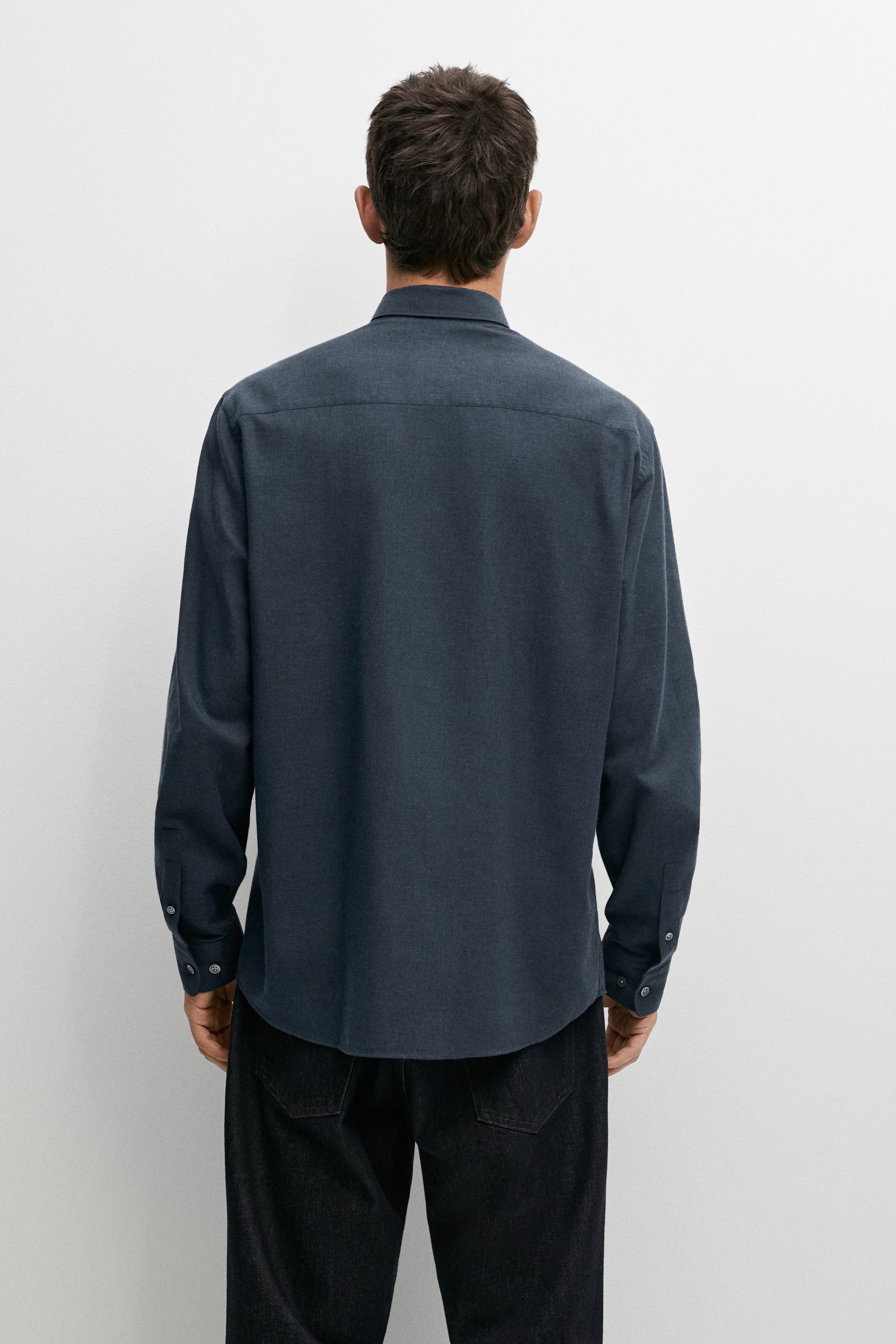100% cotton melange twill regular fit shirt — NAVY BLUE