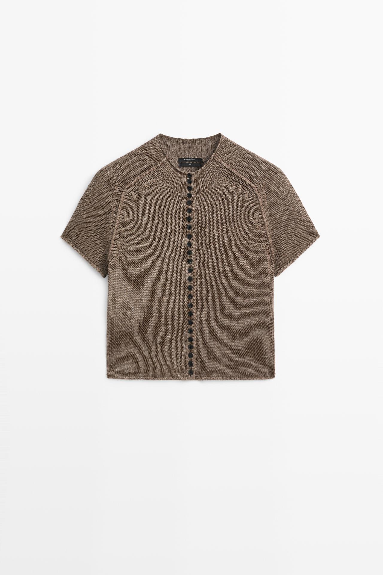 100% linen knit cardigan with buttons — BROWN MARL