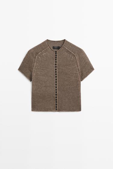 100% linen knit cardigan with buttons — BROWN MARL 1