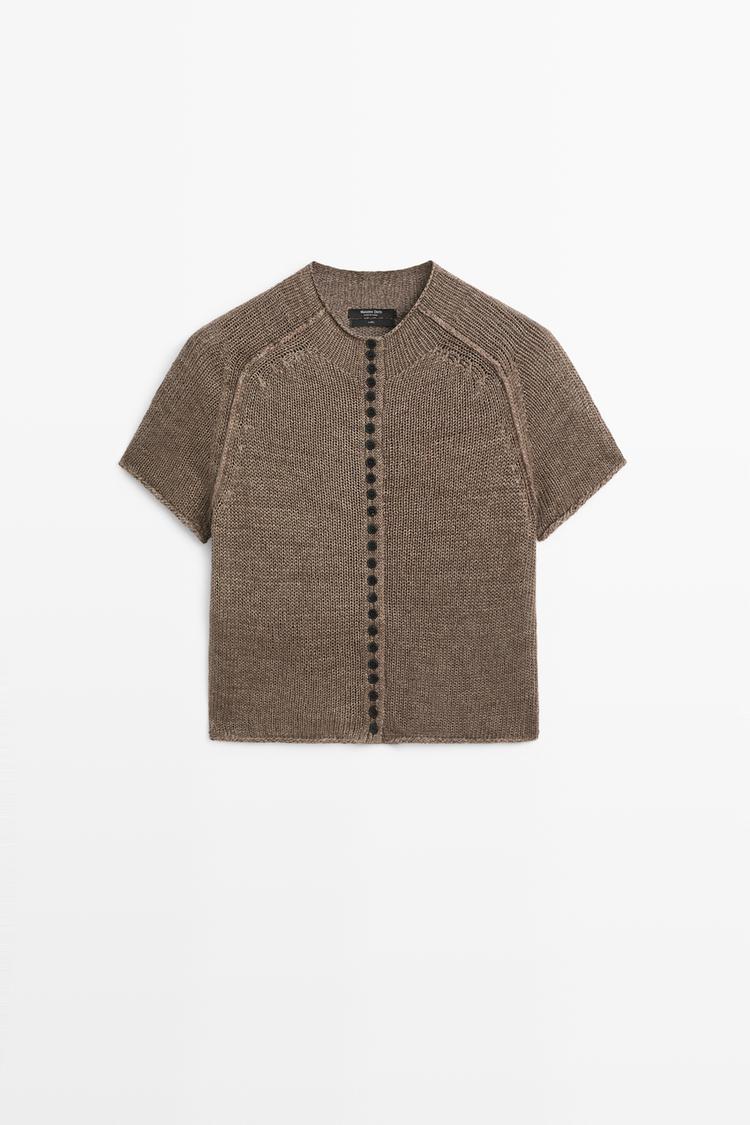 100% linen knit cardigan with buttons — BROWN MARL