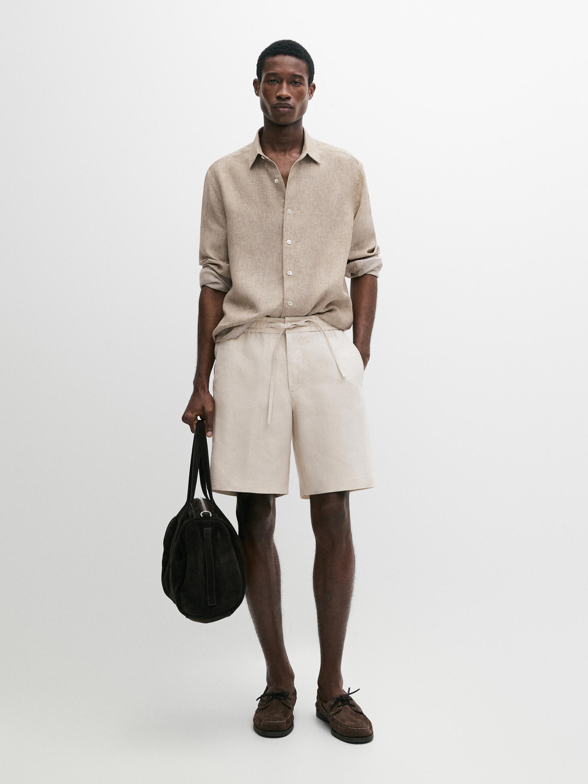 Krótkie Bermudy Ze 100% Lnu - Piaskowy - Xl - Massimo Dutti - Mężczyzna