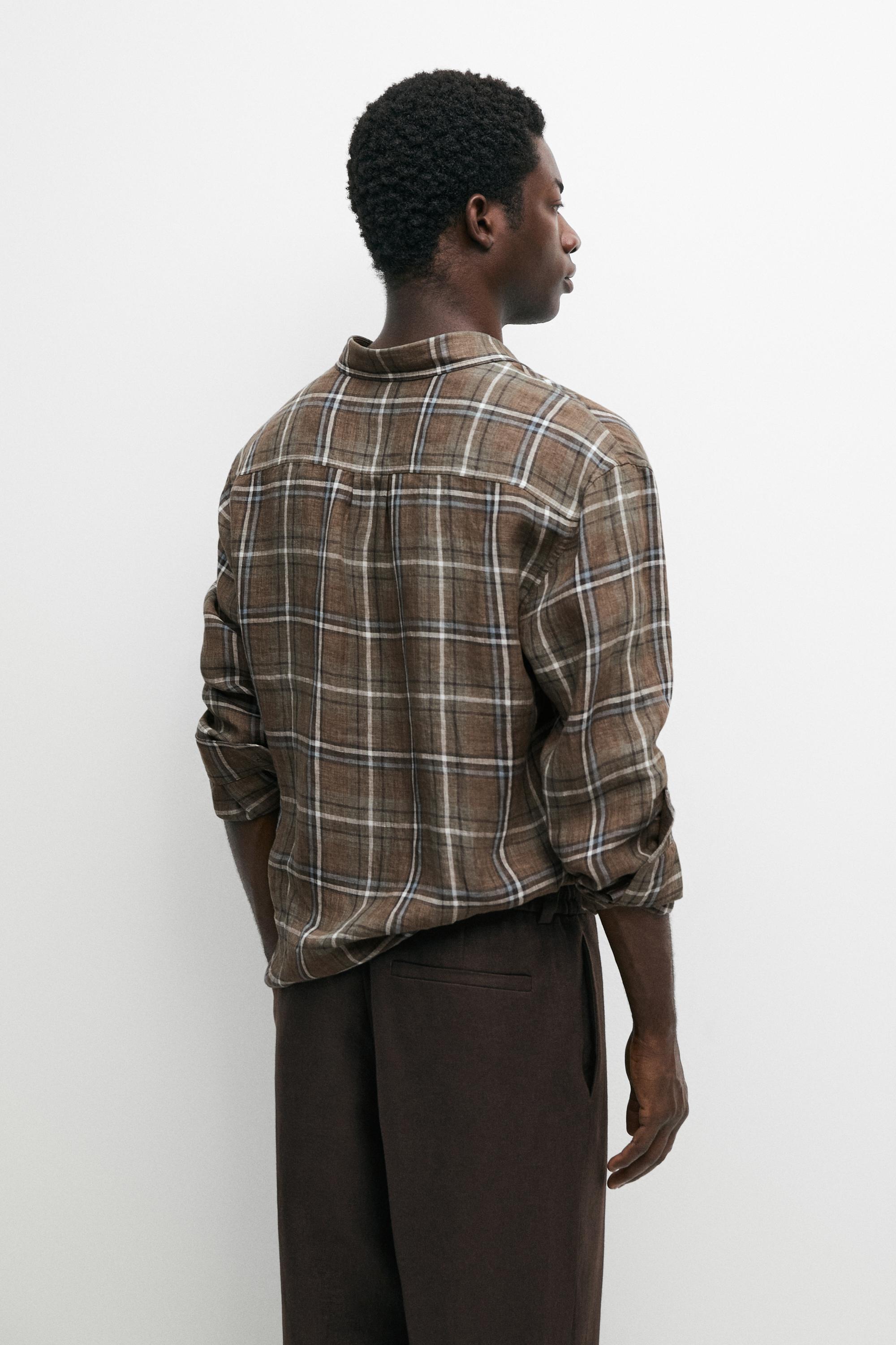 100% linen regular fit check shirt — GREEN