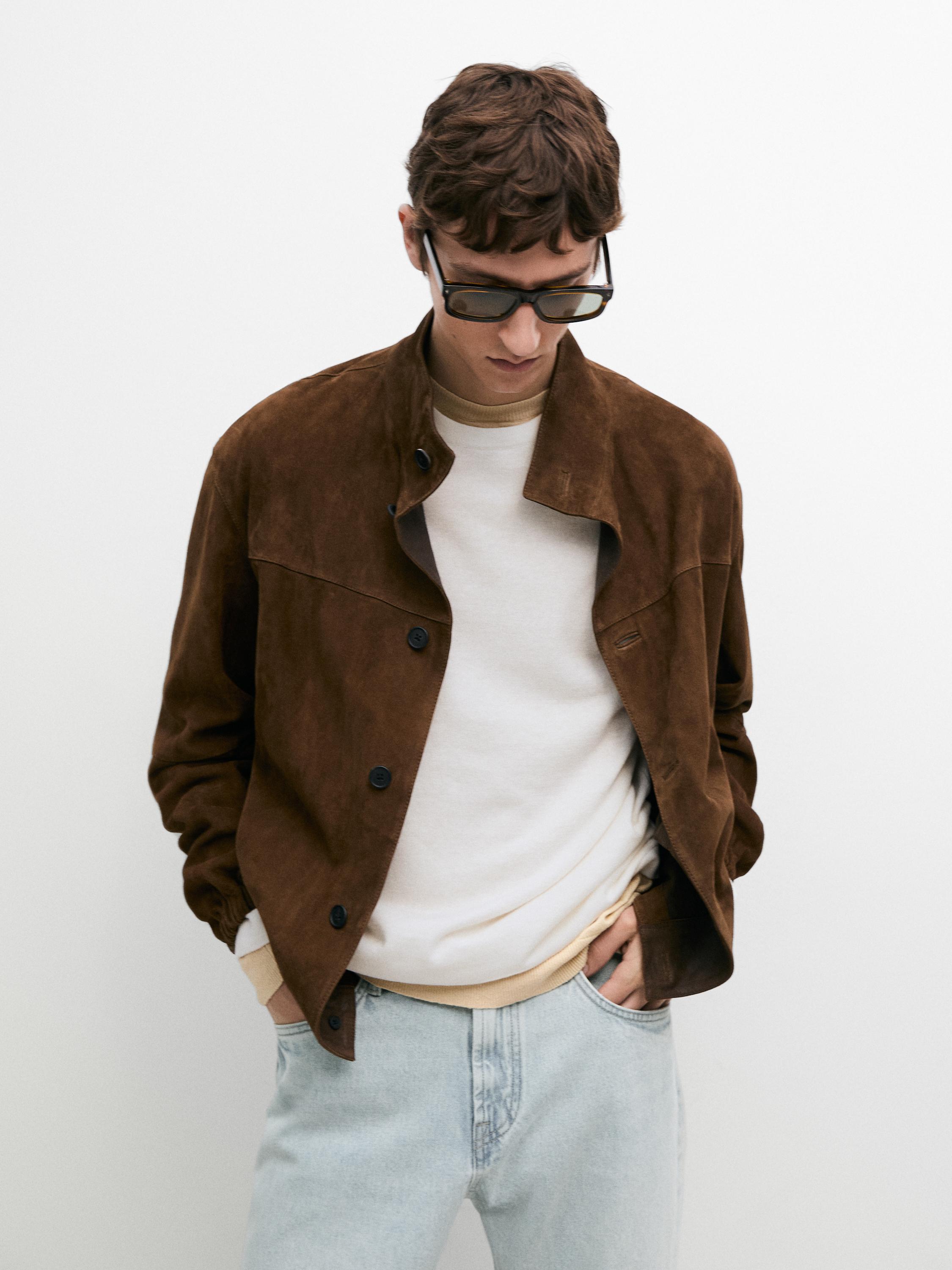 Suede leather high neck jacket — Tobacco brown