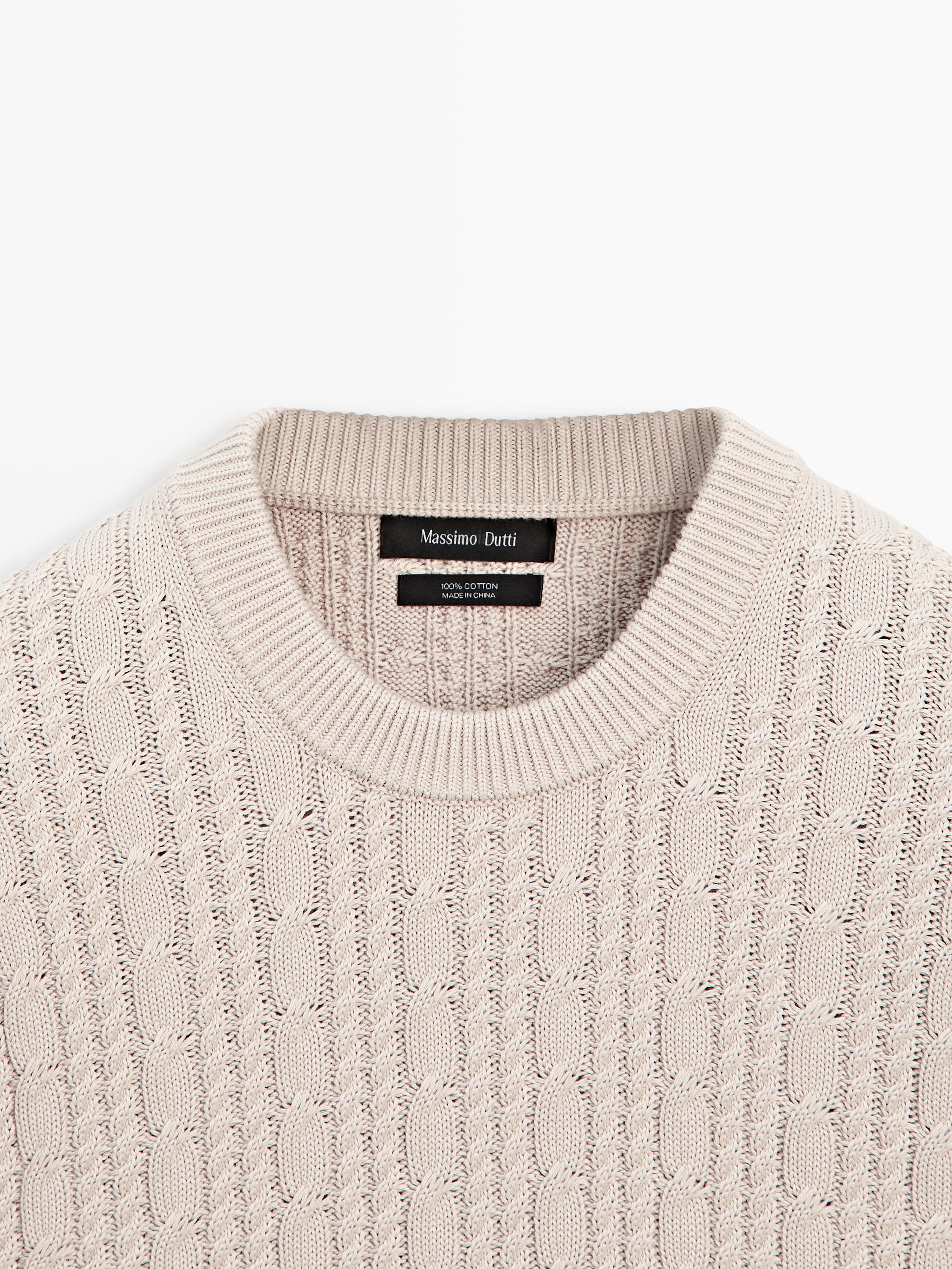 Cable-knit 100% cotton sweater with crew neck — STONE