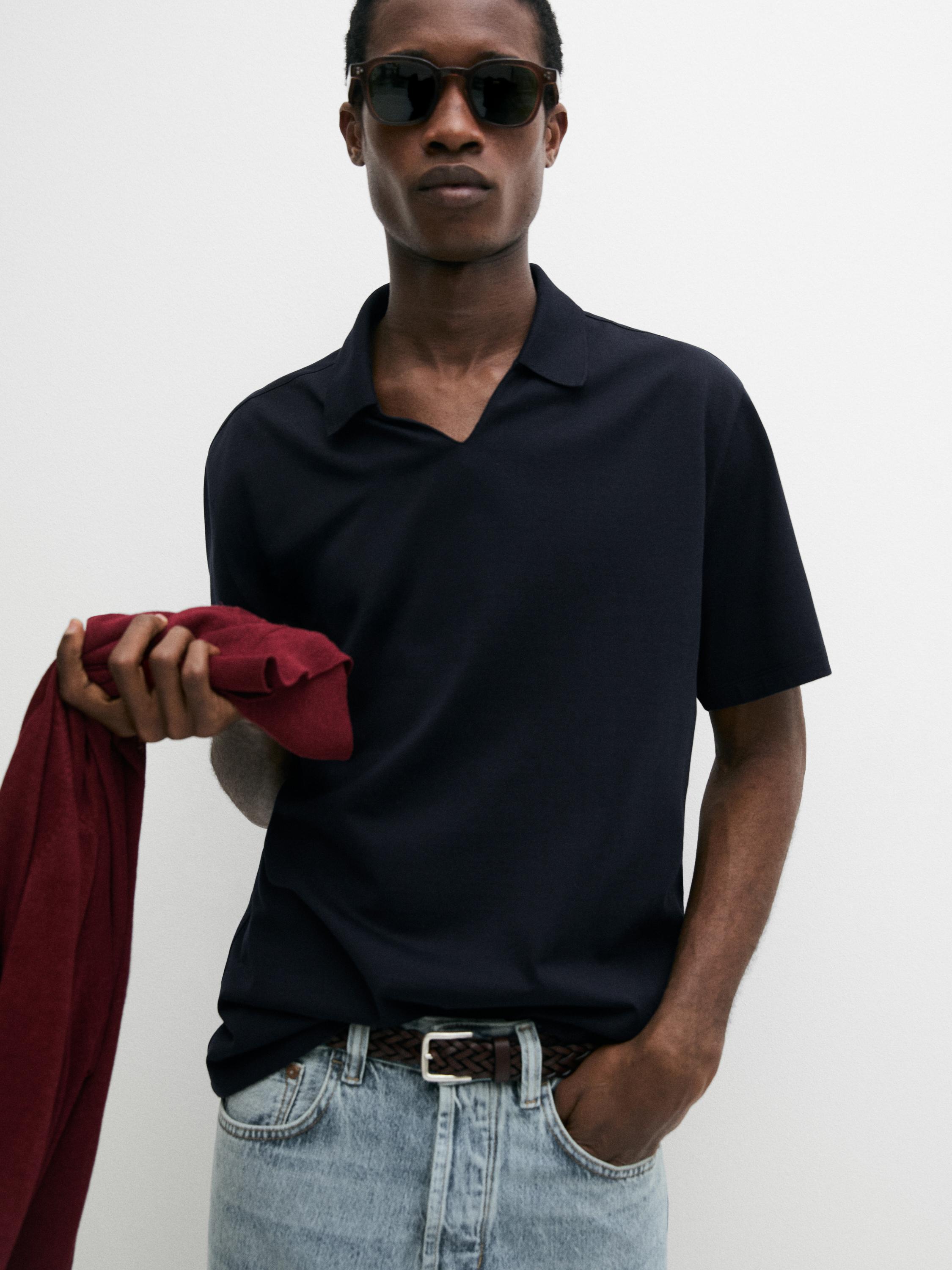 Cotton V-neck polo shirt — NAVY BLUE