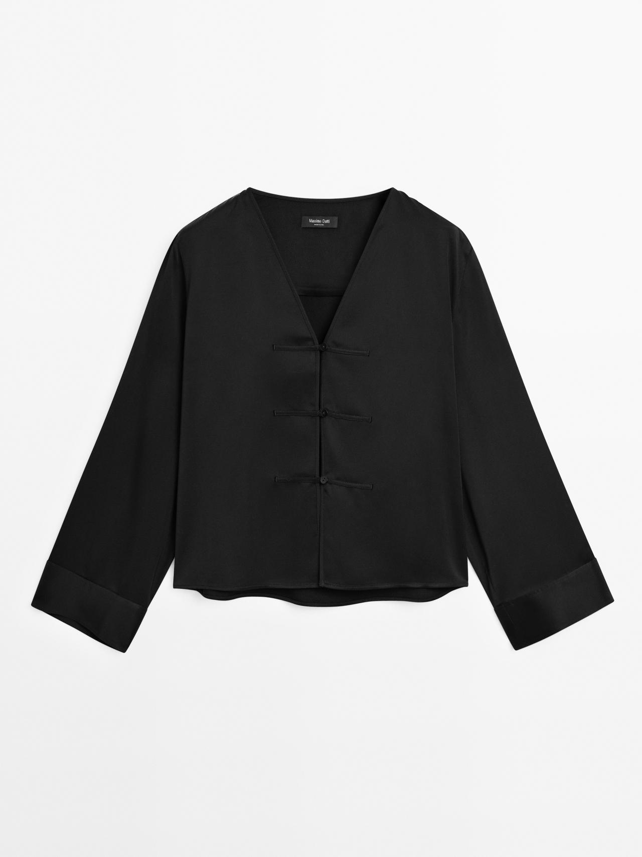 Massimo Dutti - Dame - Bluse I Satin Med Knapdetalje - Sort - L