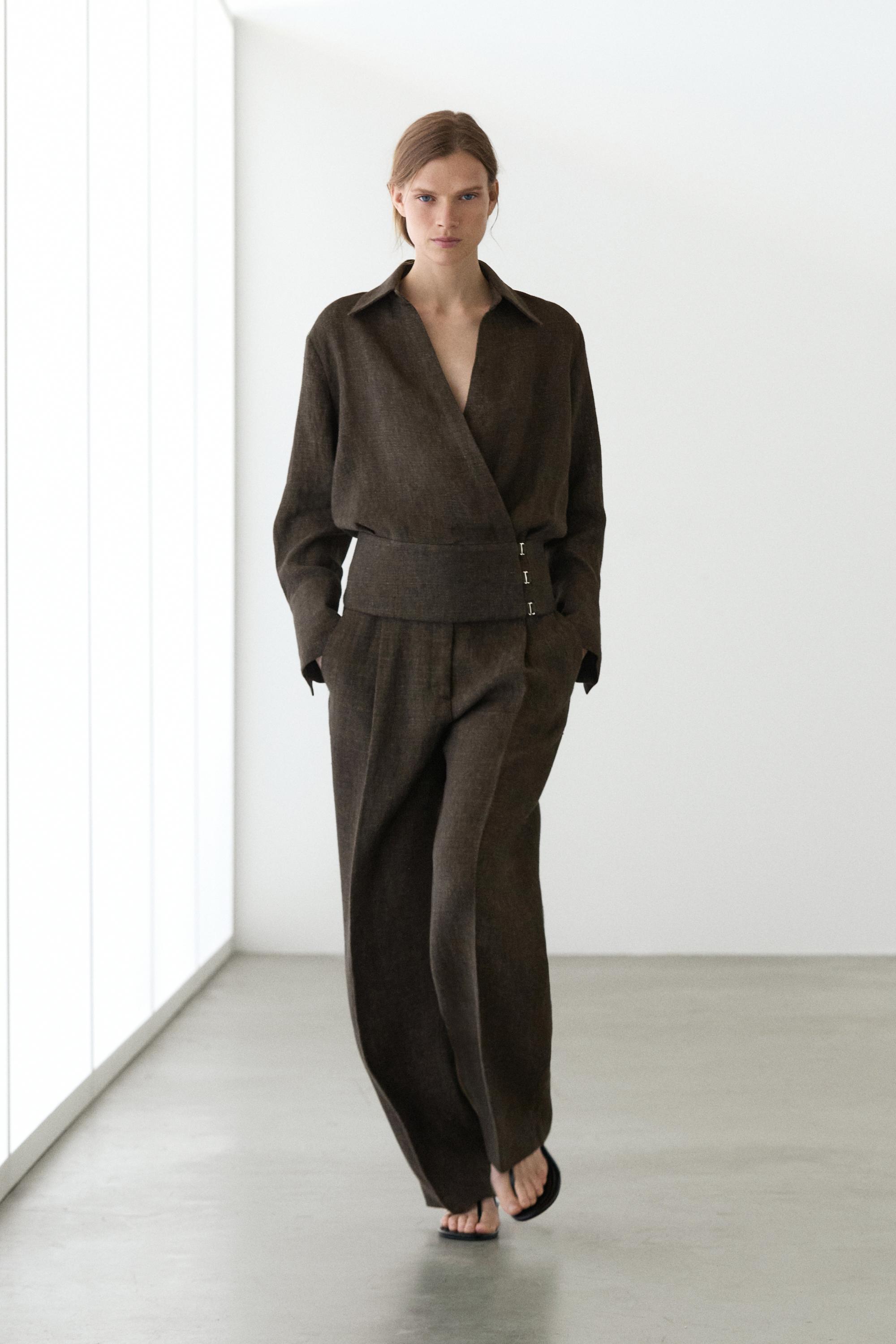 Total look melange linen overshirt — MOLE BROWN
