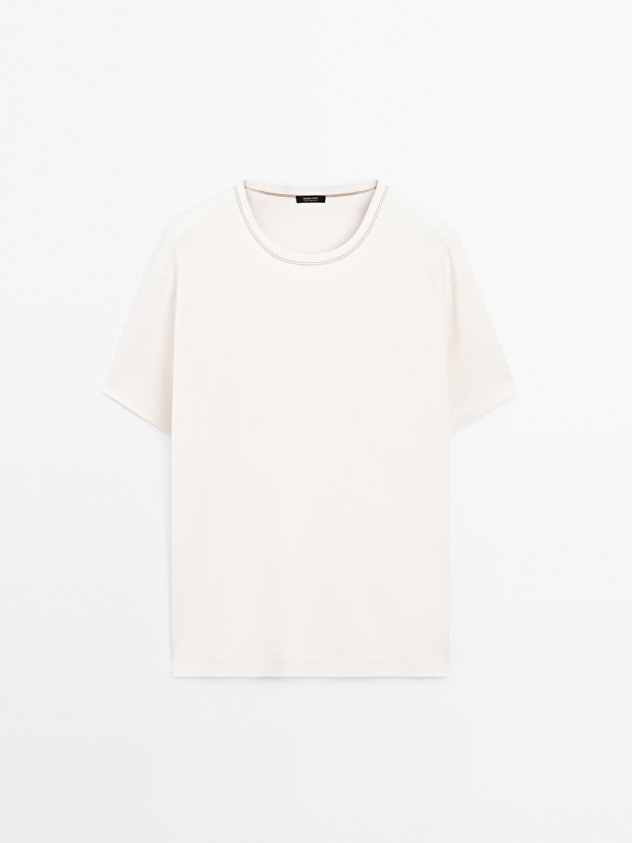 Massimo Dutti - Herre - Kortærmet T-Shirt Med Kontrasterende Pyntestikninger - Råhvid - Xl