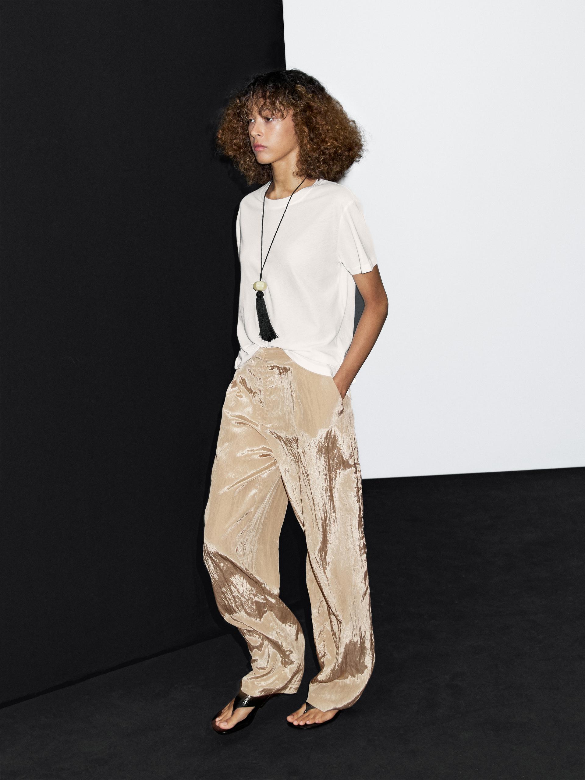 Pantalon Satiné Texturé - Champagne - 38 - Massimo Dutti - Femme