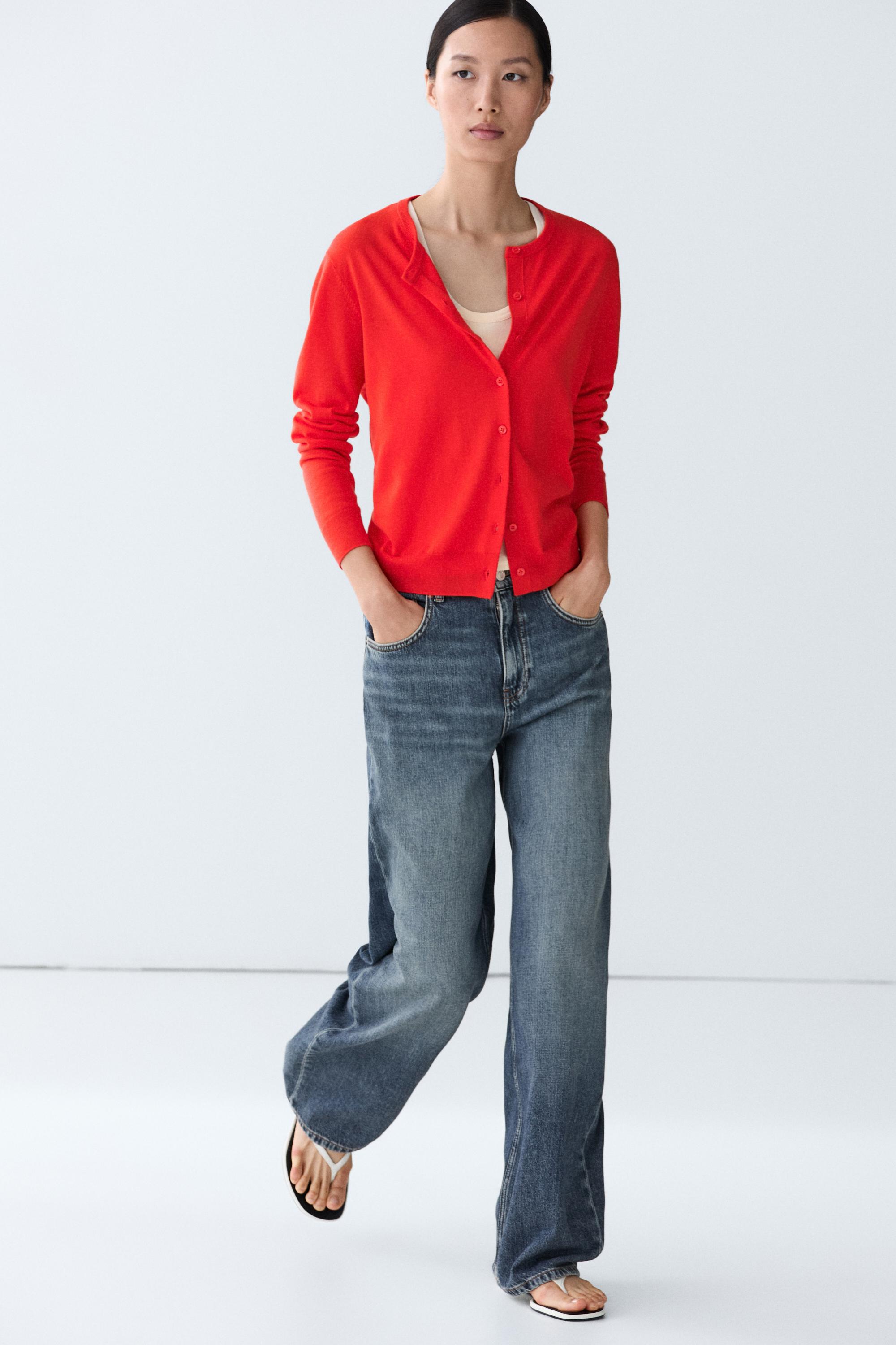 Fine-knit round neck cardigan — ORANGE