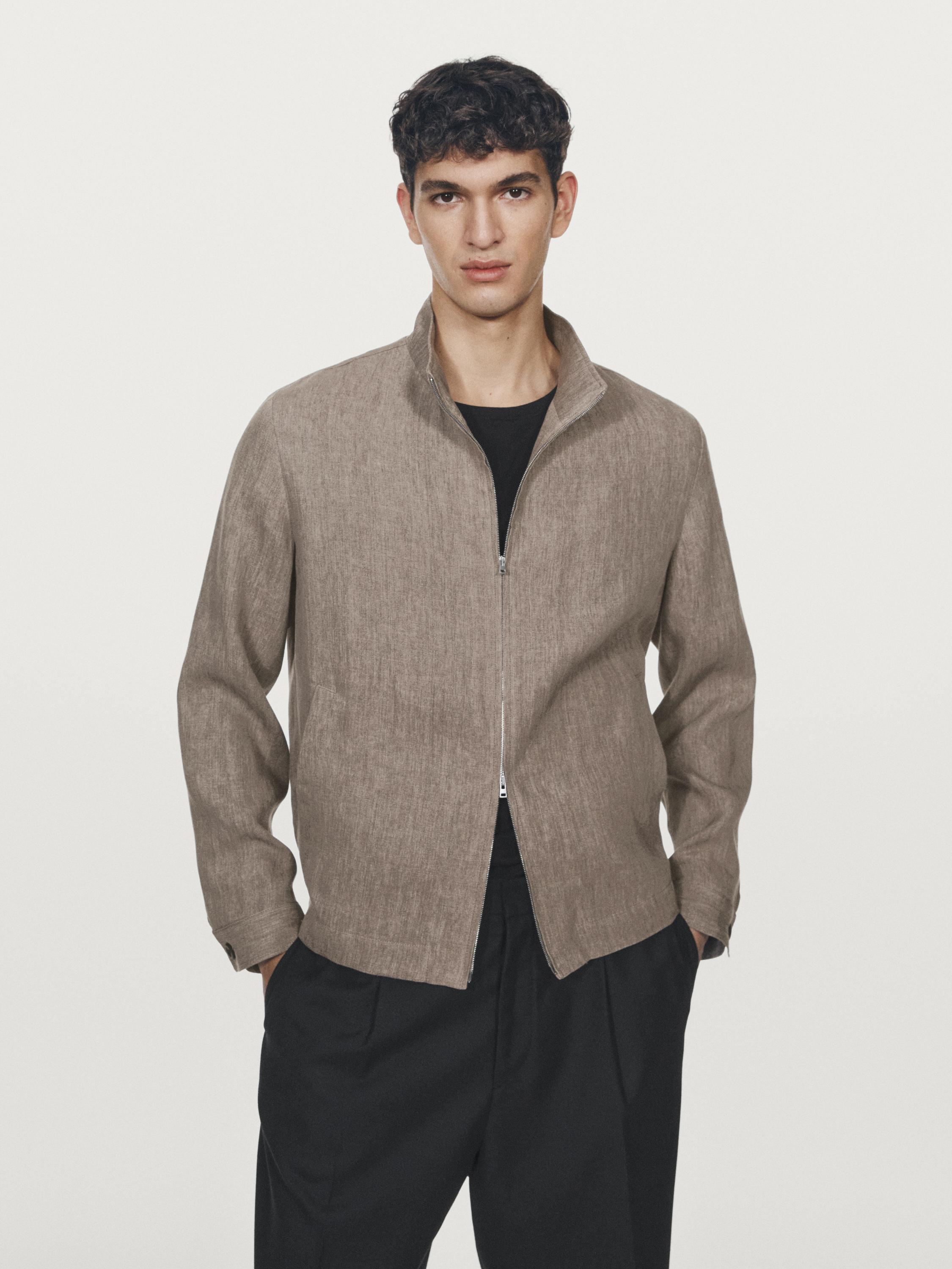 Faded total look linen bomber jacket — BROWN