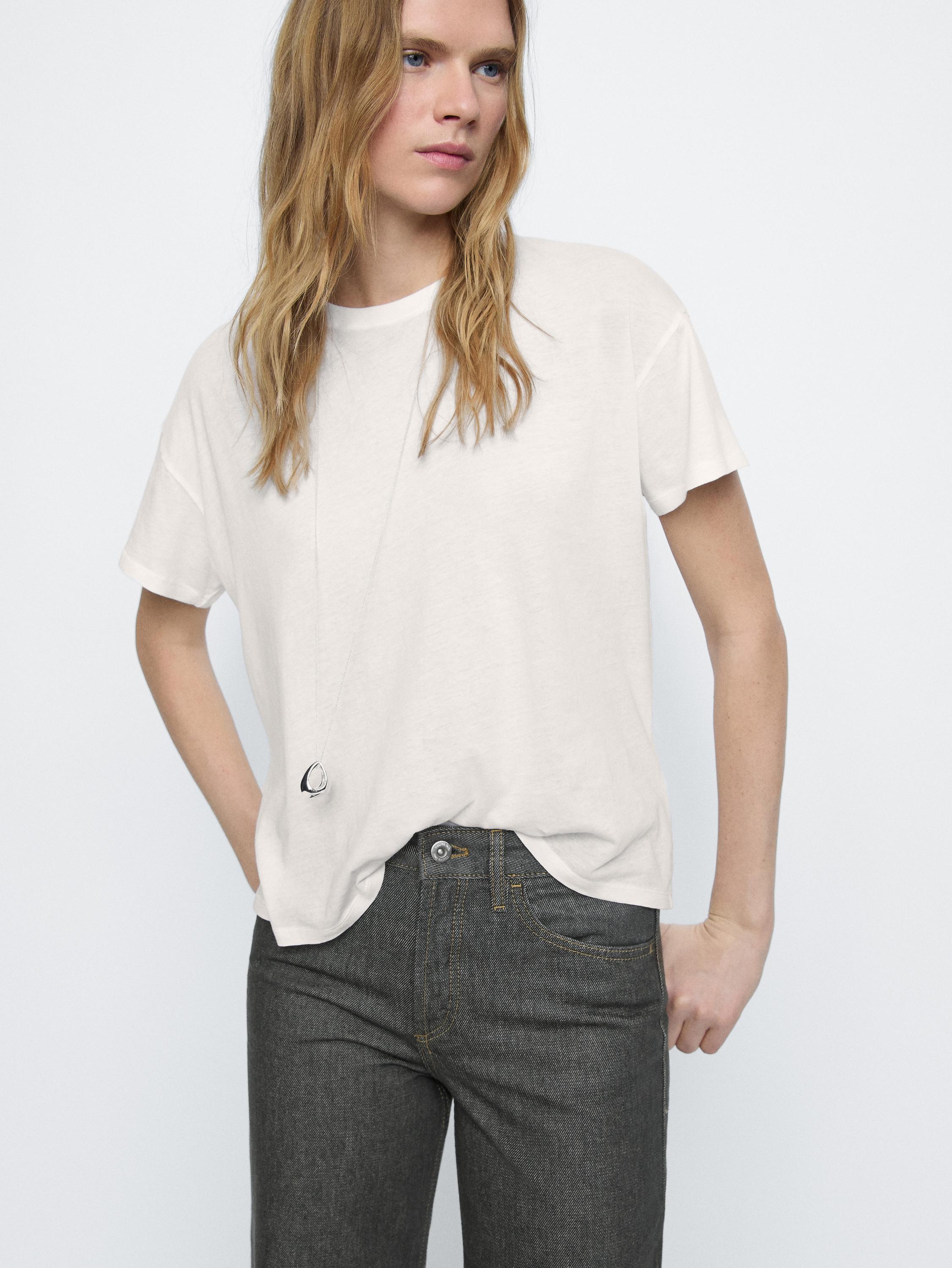 بنطلون جينز قطن بخصر متوسط وساق عريضة