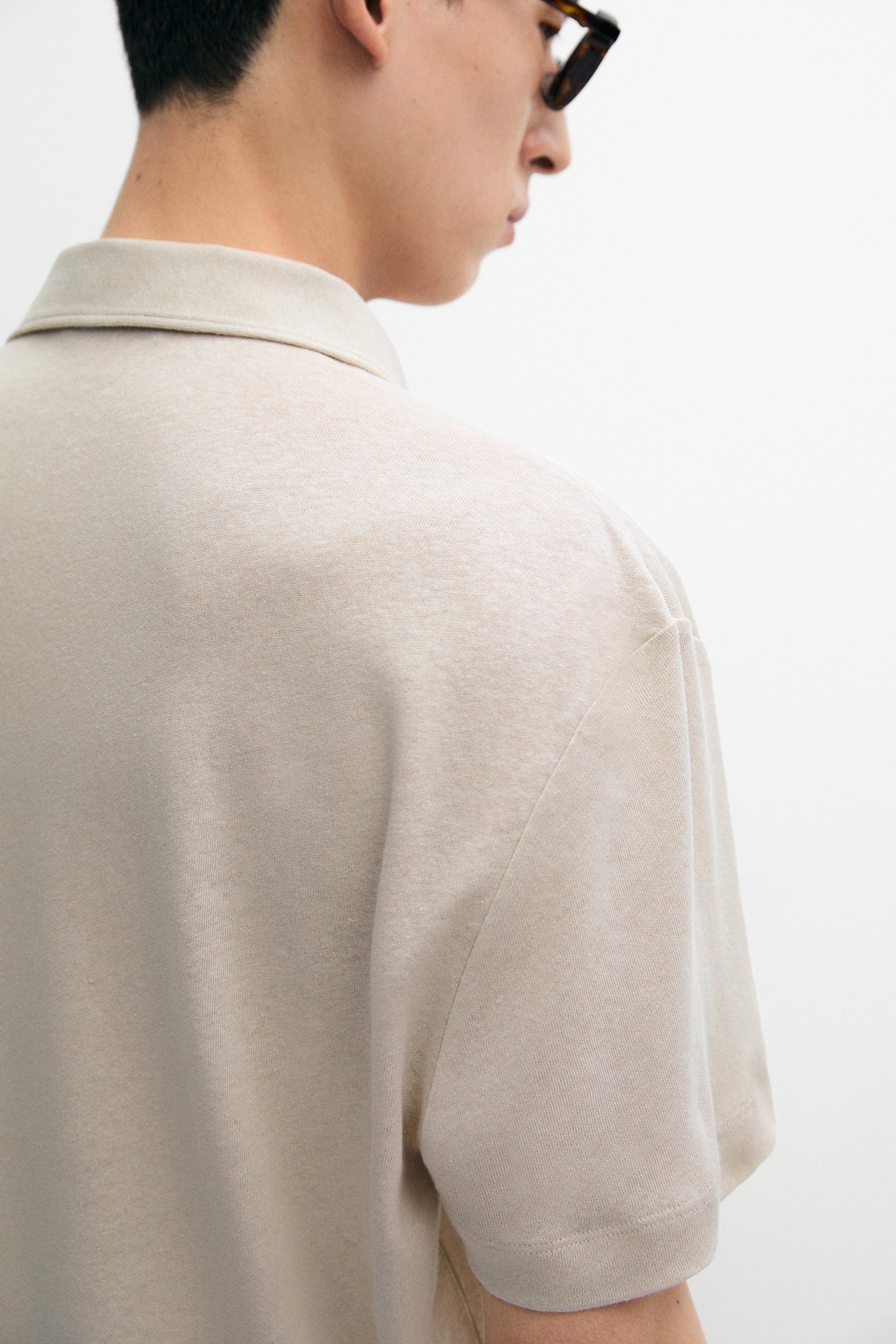 Short sleeve linen cotton polo shirt — BROWN