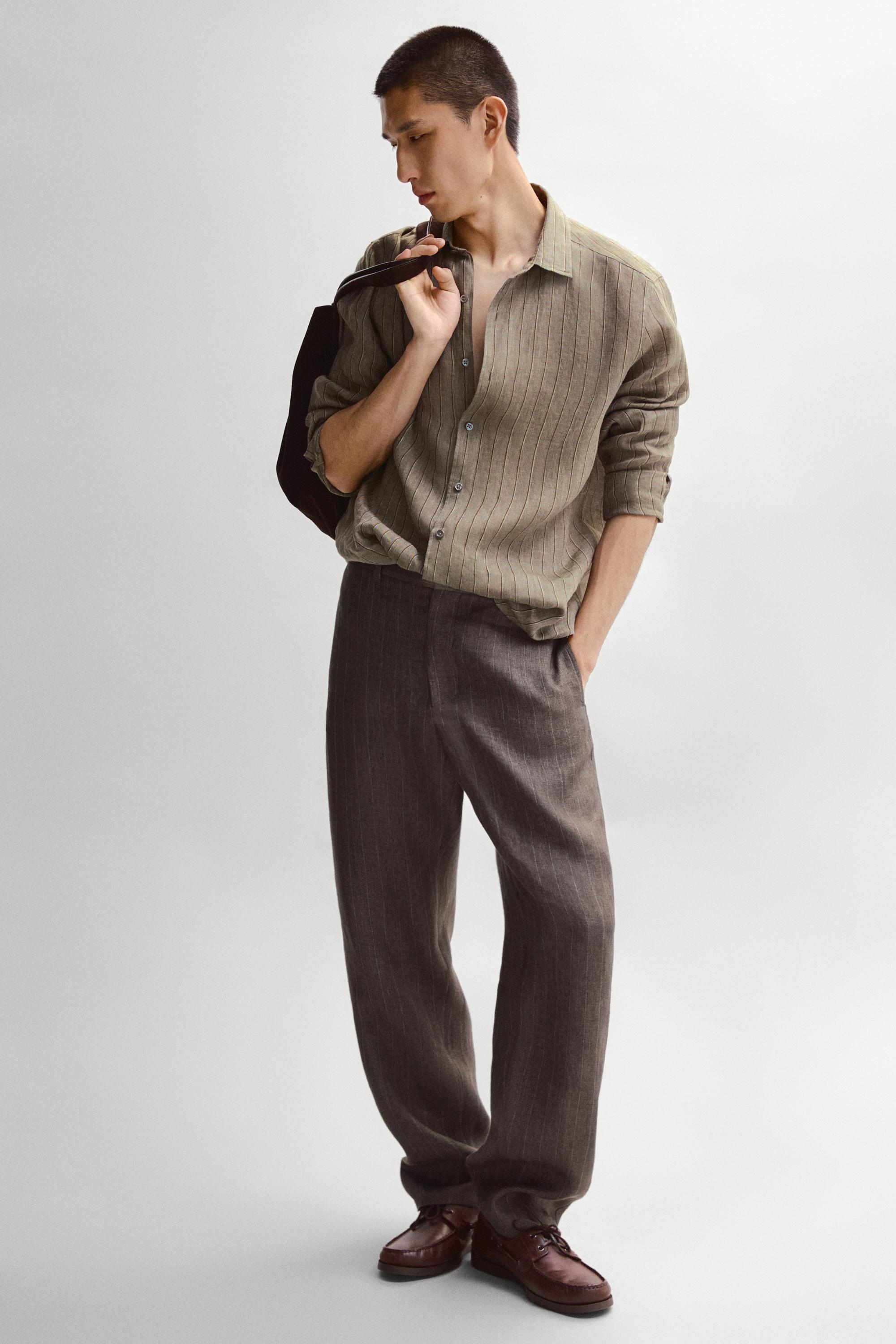 100% linen striped straight-leg pants — BROWN