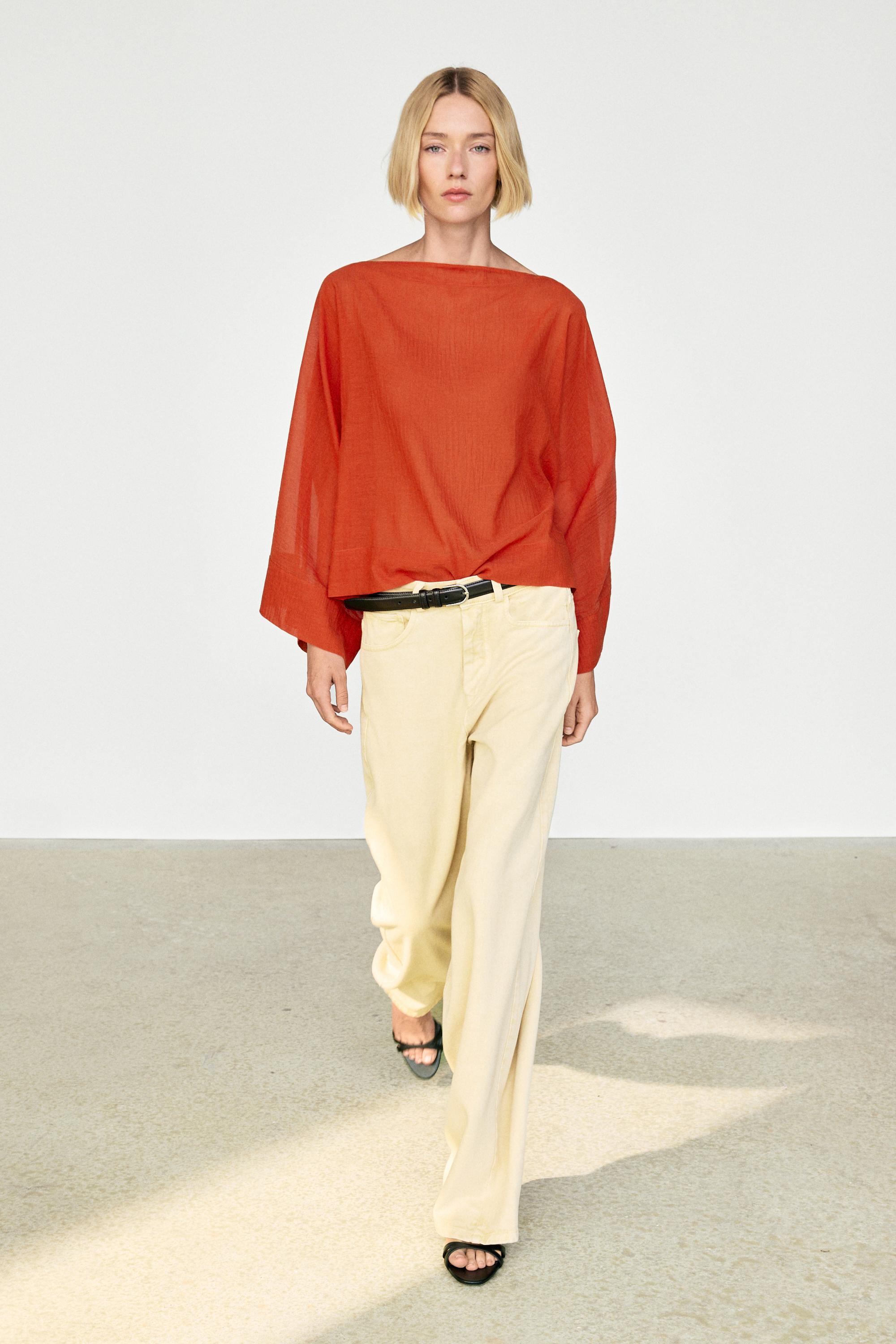 Flowing 100% cotton shirt with voluminous sleeves — BURNT ORANGE