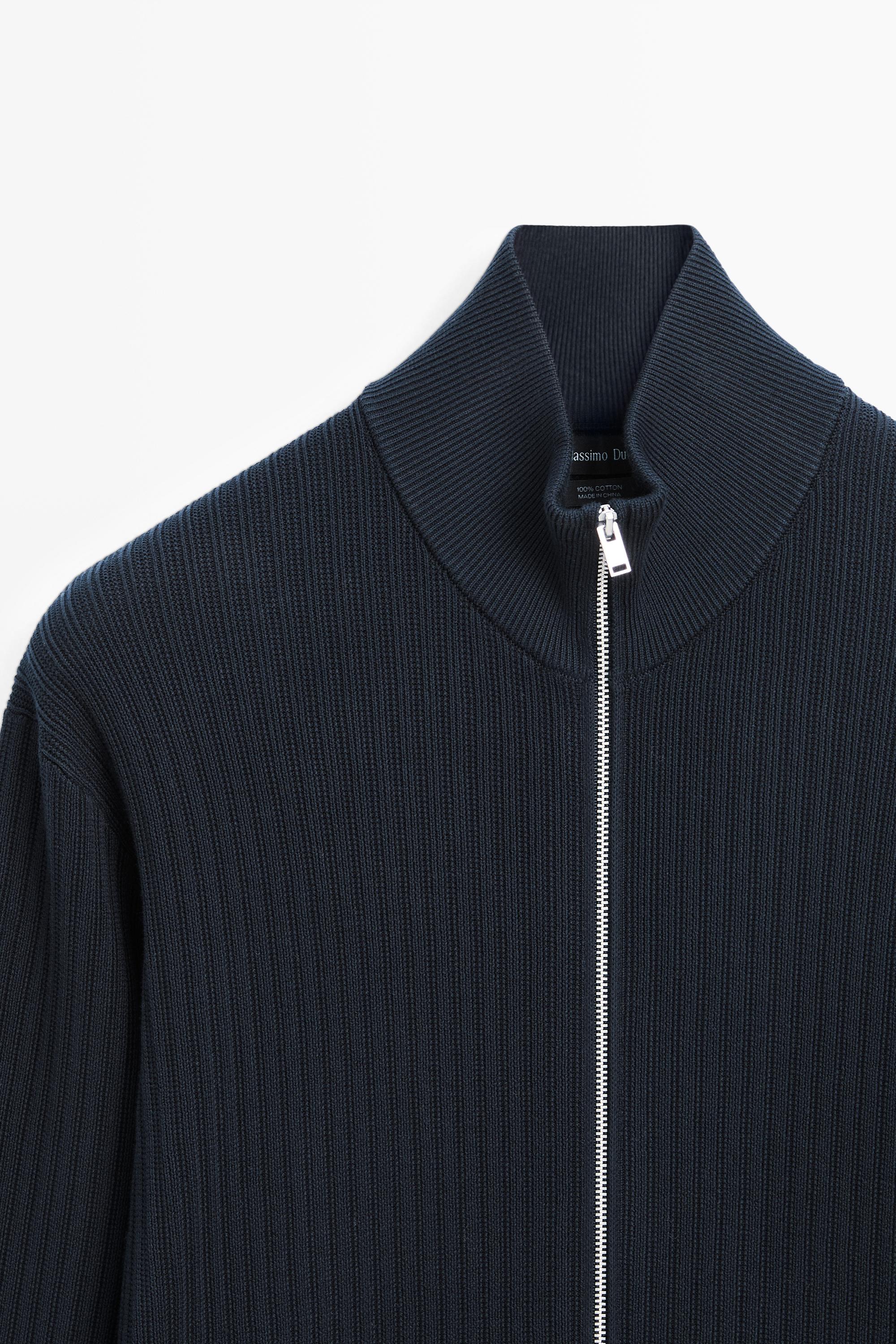 Cotton zip-up knit cardigan — NAVY BLUE
