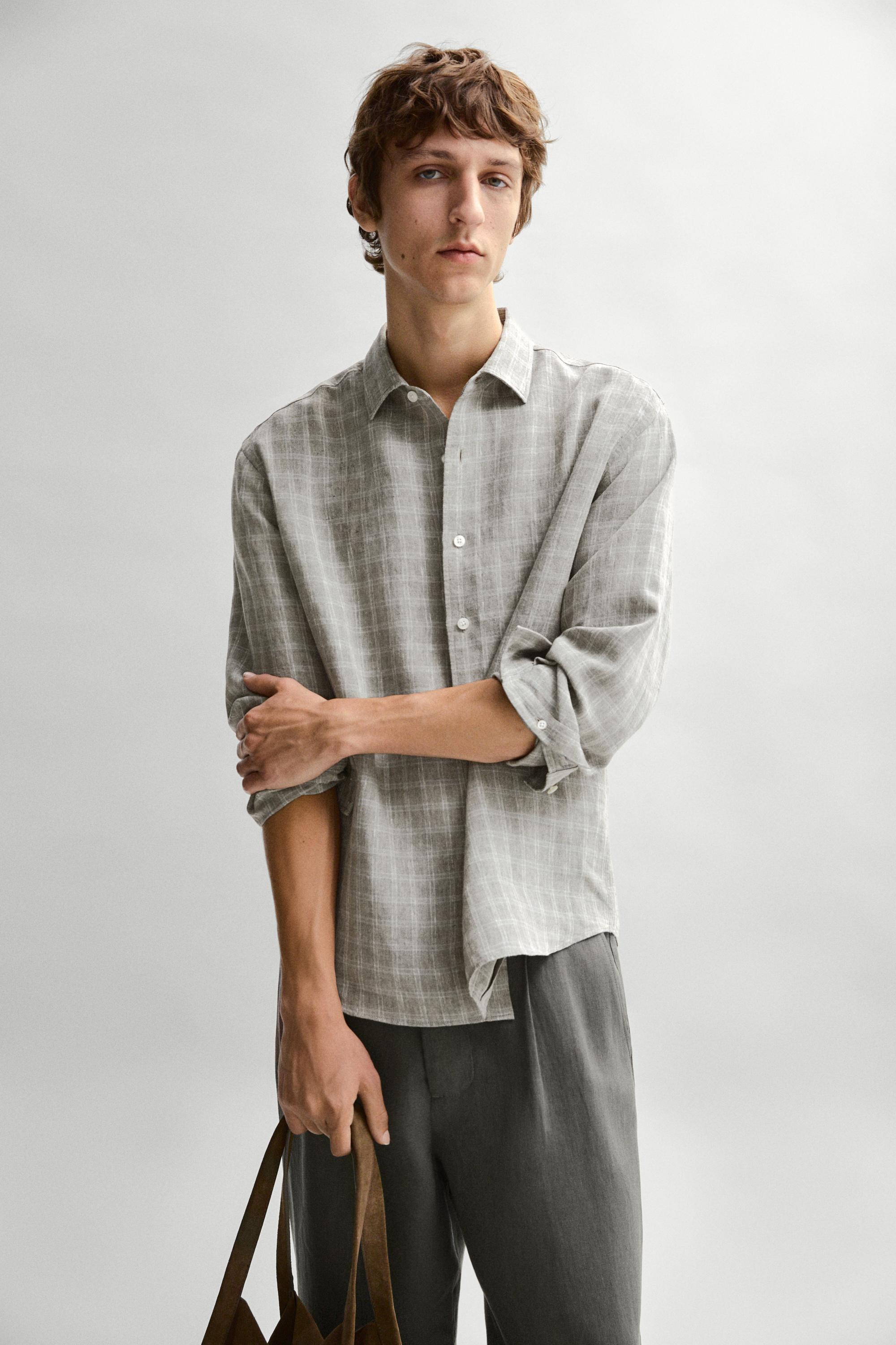 100% linen check shirt — GREY
