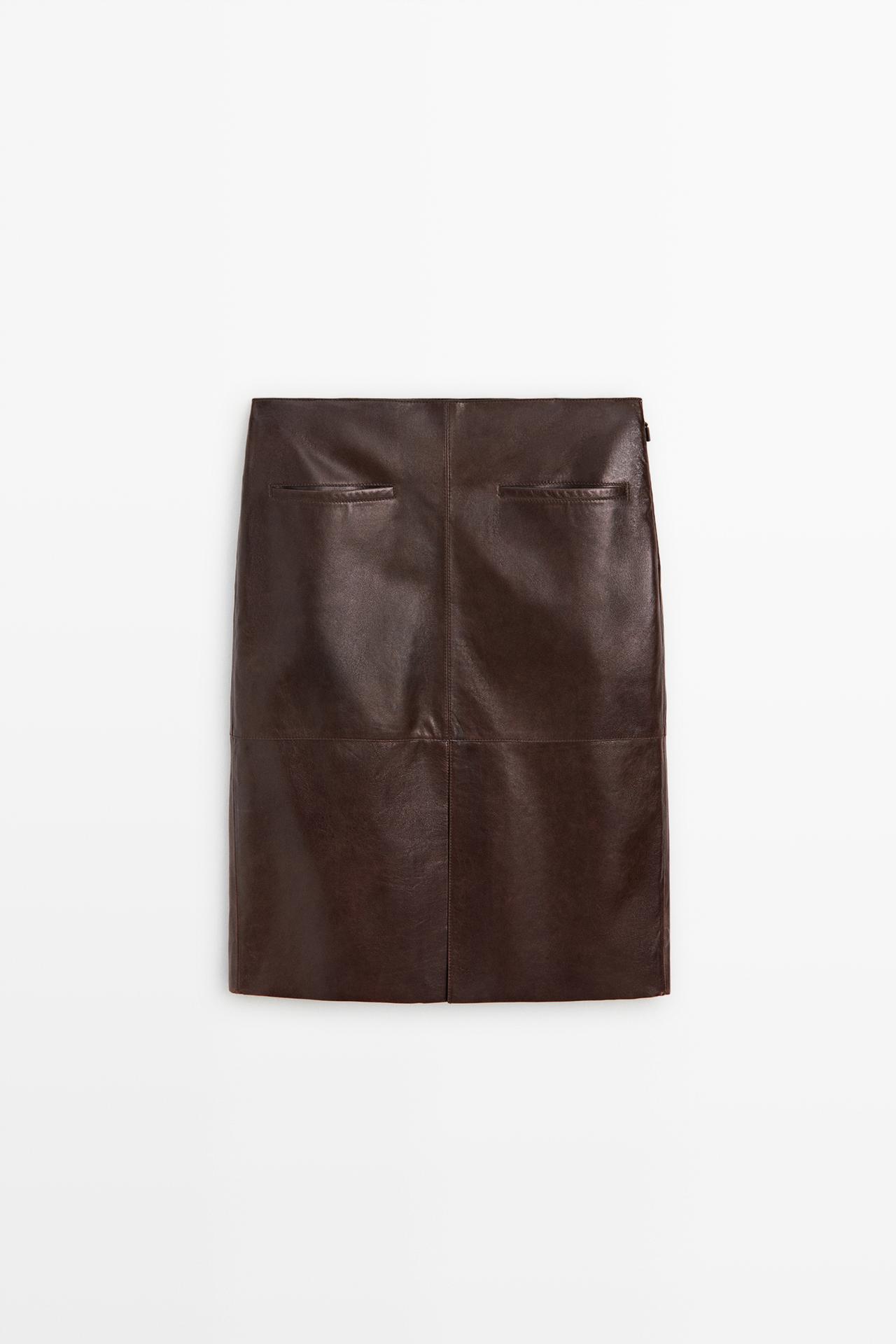 Leather midi skirt with pockets — Chocolate
