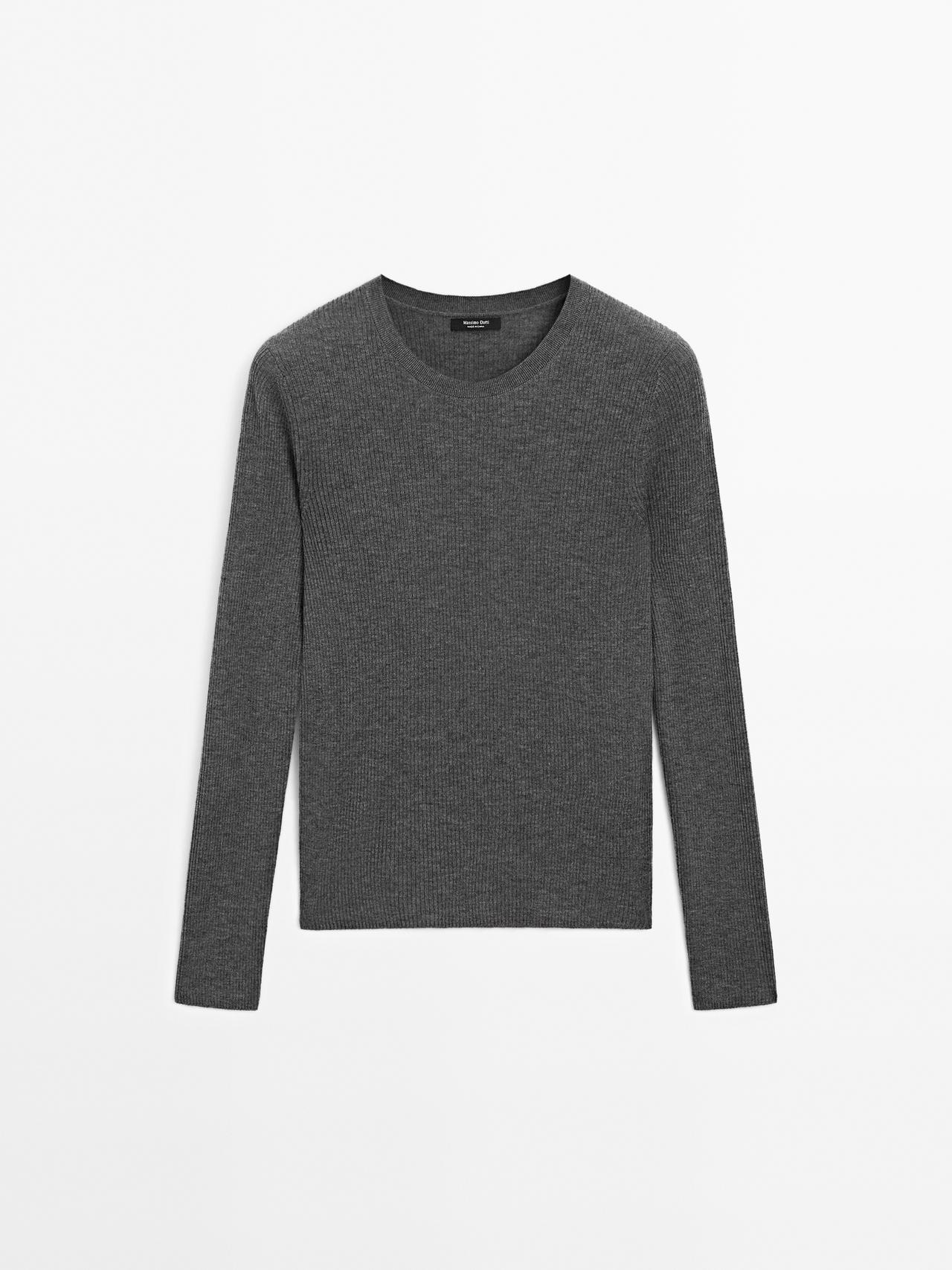 Massimo Dutti - Dame - Trøje I Ribstrikket Uldblanding - Grå - Xl