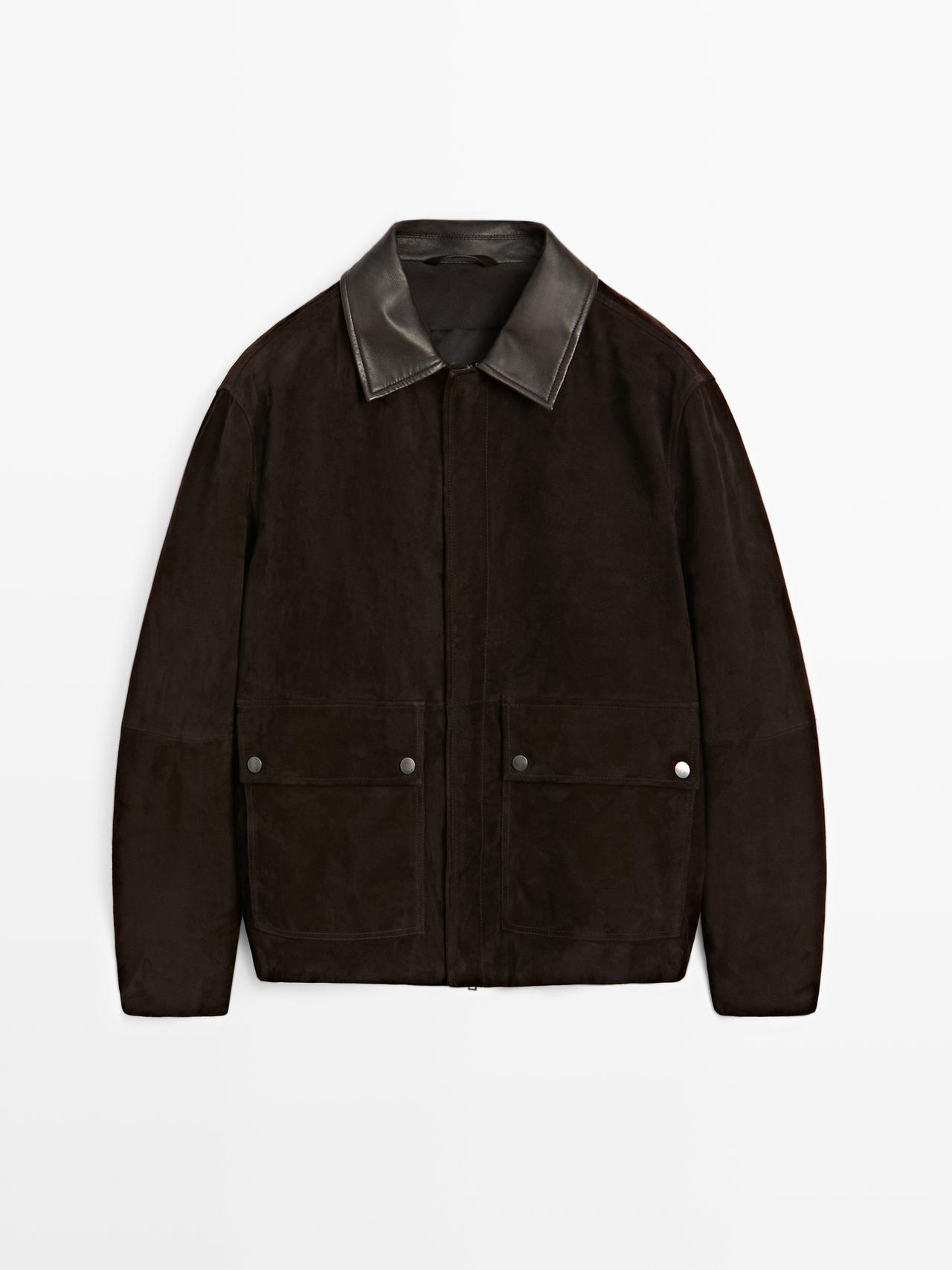 Massimo Dutti - Heren - Suède Leren Jack Met Detail Kraag - Chocolade - Xl