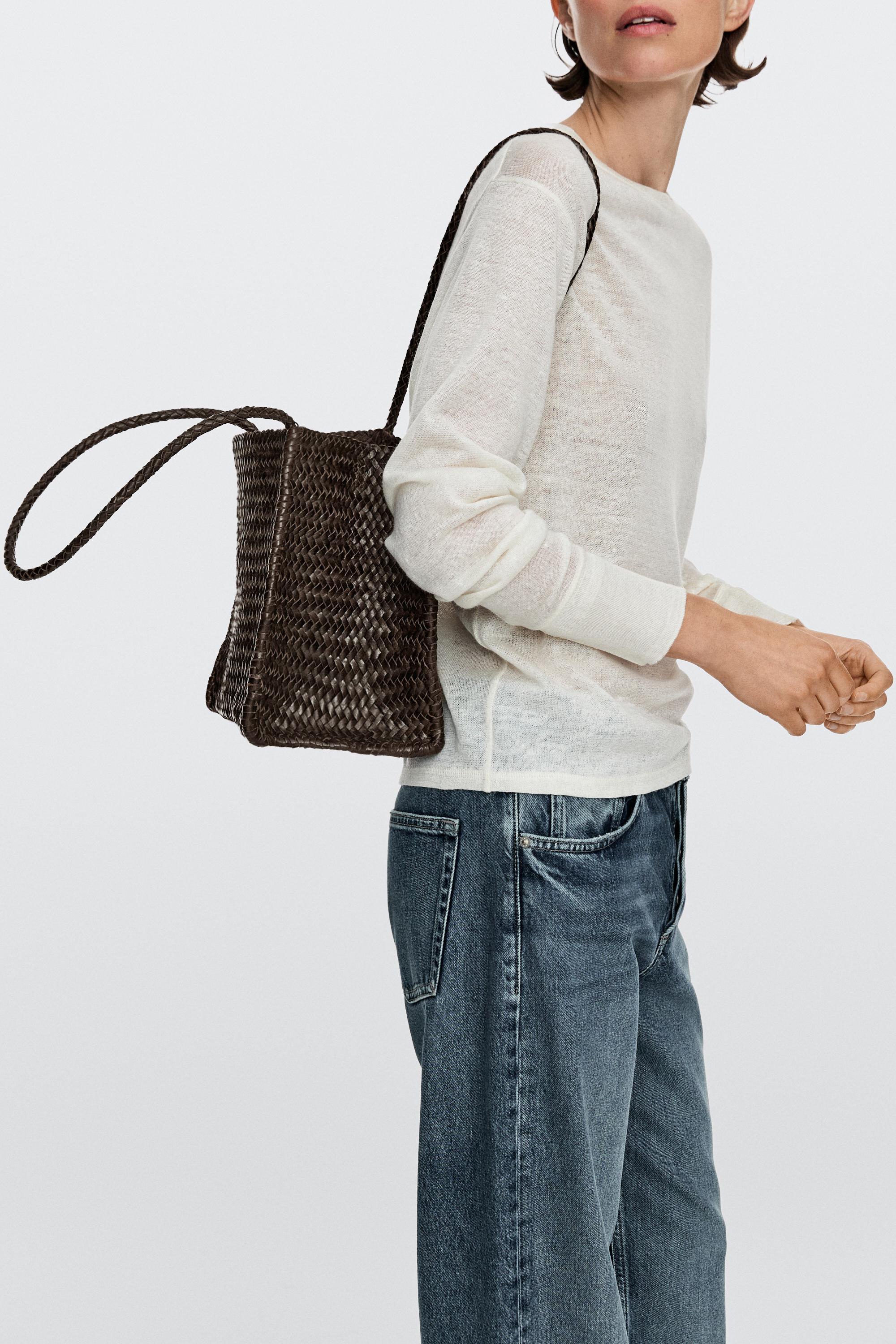 Nappa leather woven bucket bag — BROWN