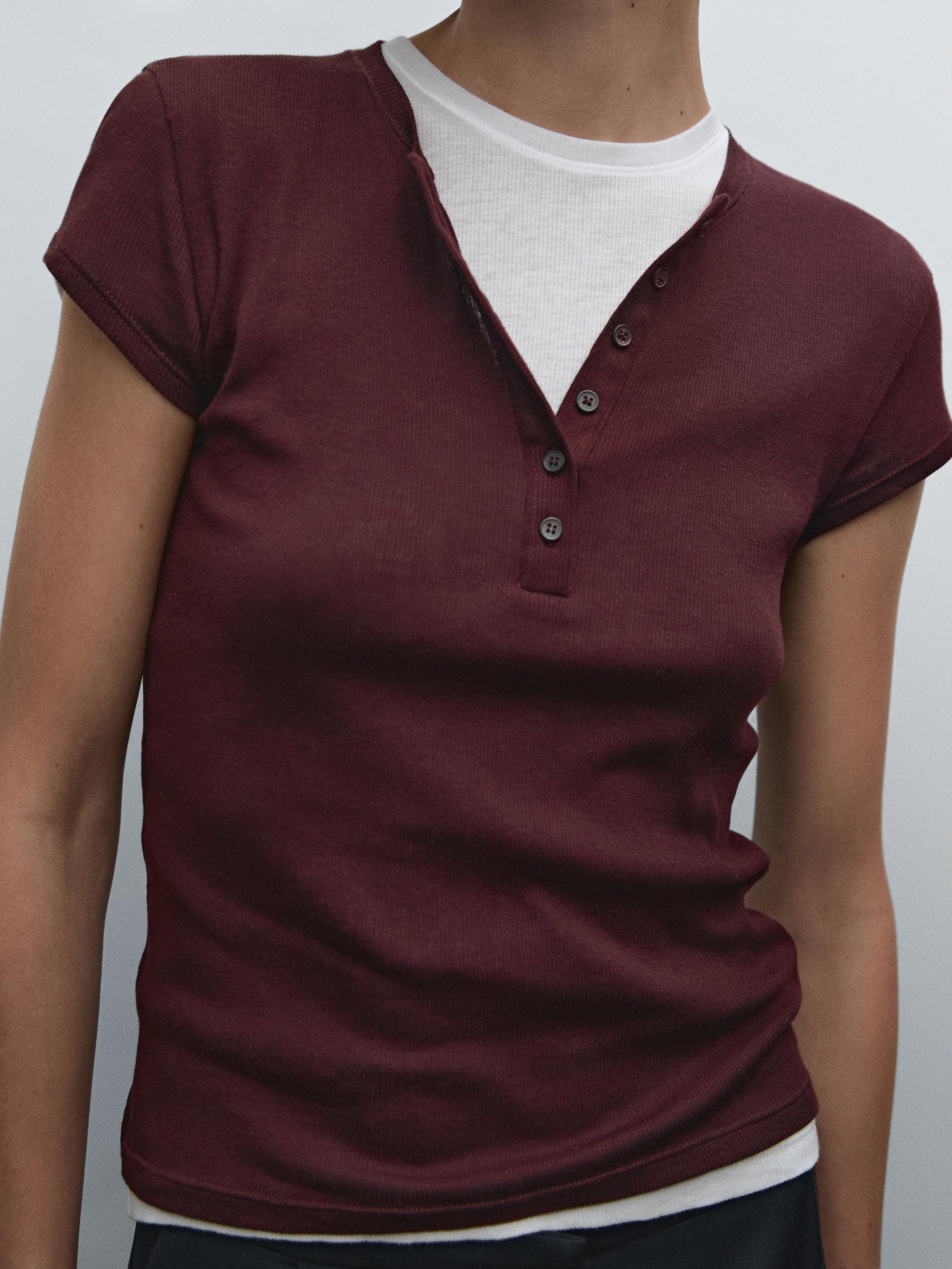 Double-layer cotton henley T-shirt
