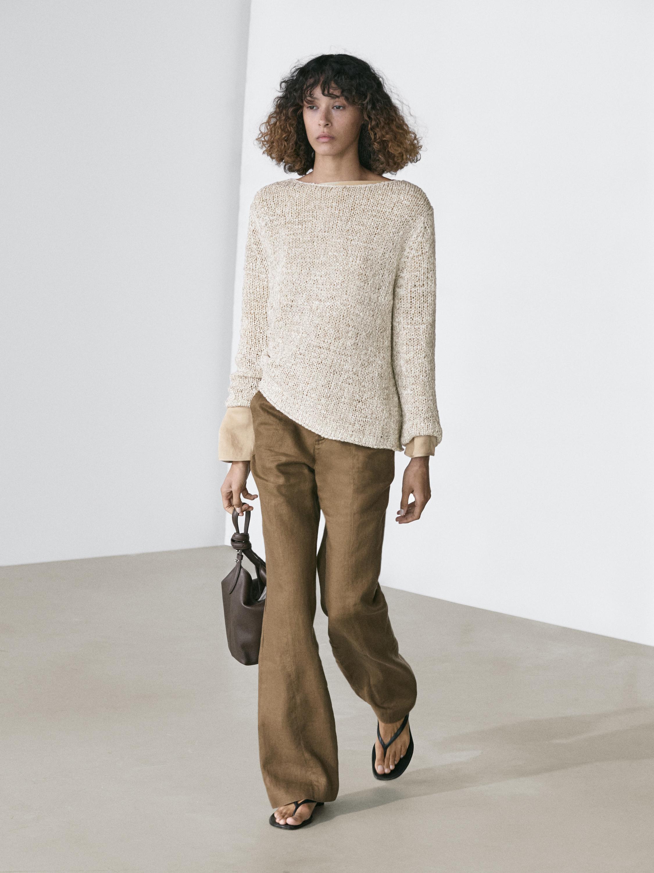 Boat neck knit sweater — BEIGE