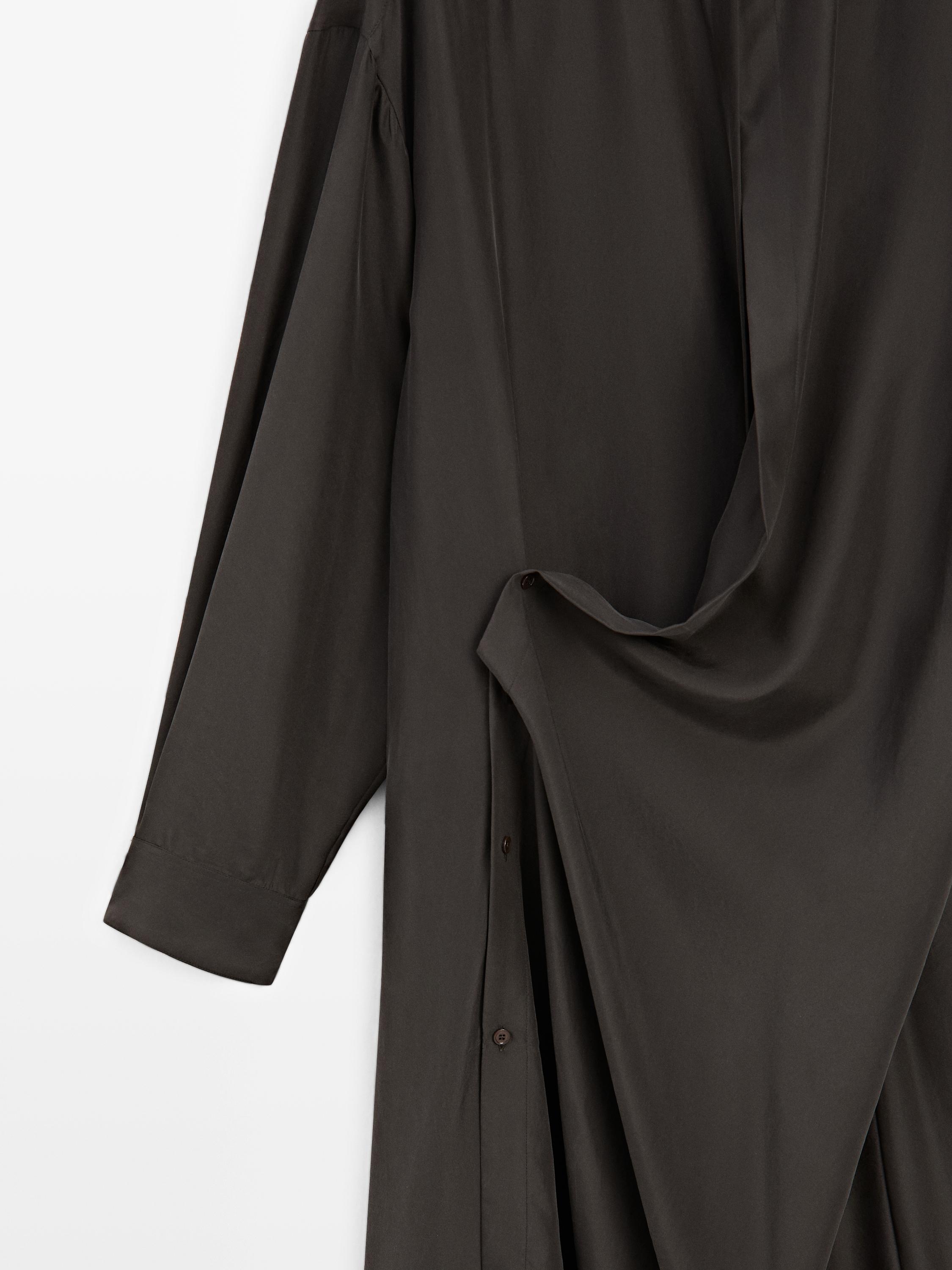 100% silk midi dress with fastening detail - STUDIO — DARK KHAKI