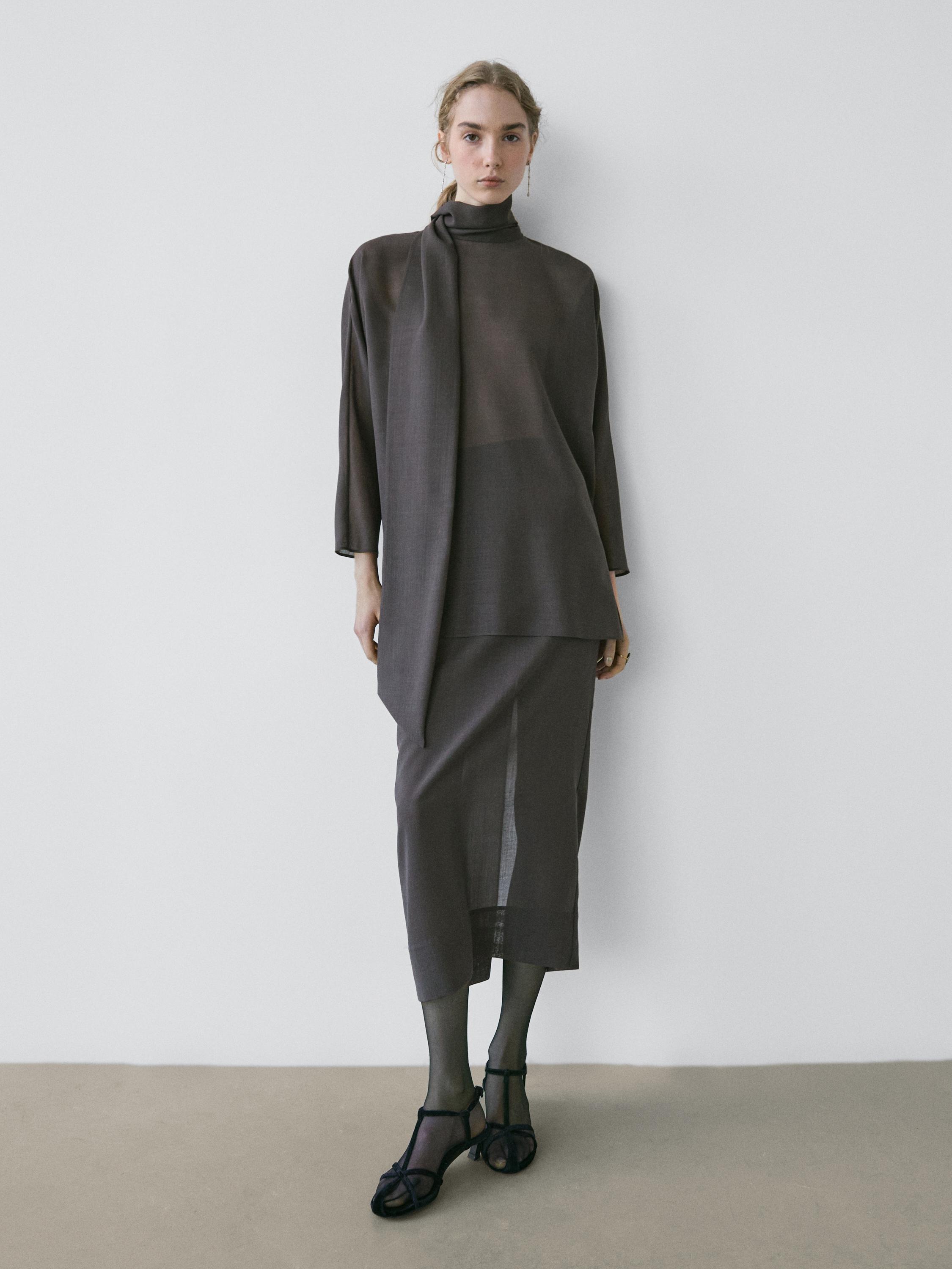 تنورة متوسطة الطول مستقيمة بتفصيل شفاف - STUDIO